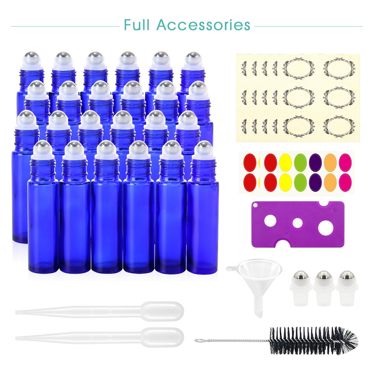 Mavogel 24 Pack 10ml Essential Oil Roller Bottles - Cobalt Blue Glass Bottles with Stainless Steel Roller Balls (Includes 3 Extra Roller Balls, 54 Labels, Opener, Funnel, Dropper & Brush) for Aromatherapy, DIY Blends & Travel Essentials