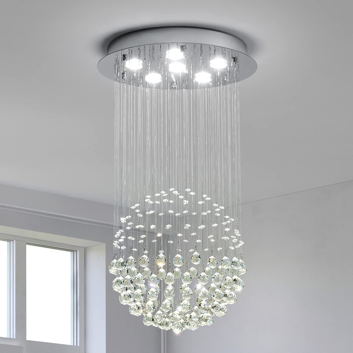 Modern Saint Mossi Chandelier - K9 Crystal Raindrop Flush Mount LED Ceiling Light Fixture with 6 GU10 Bulbs (H32