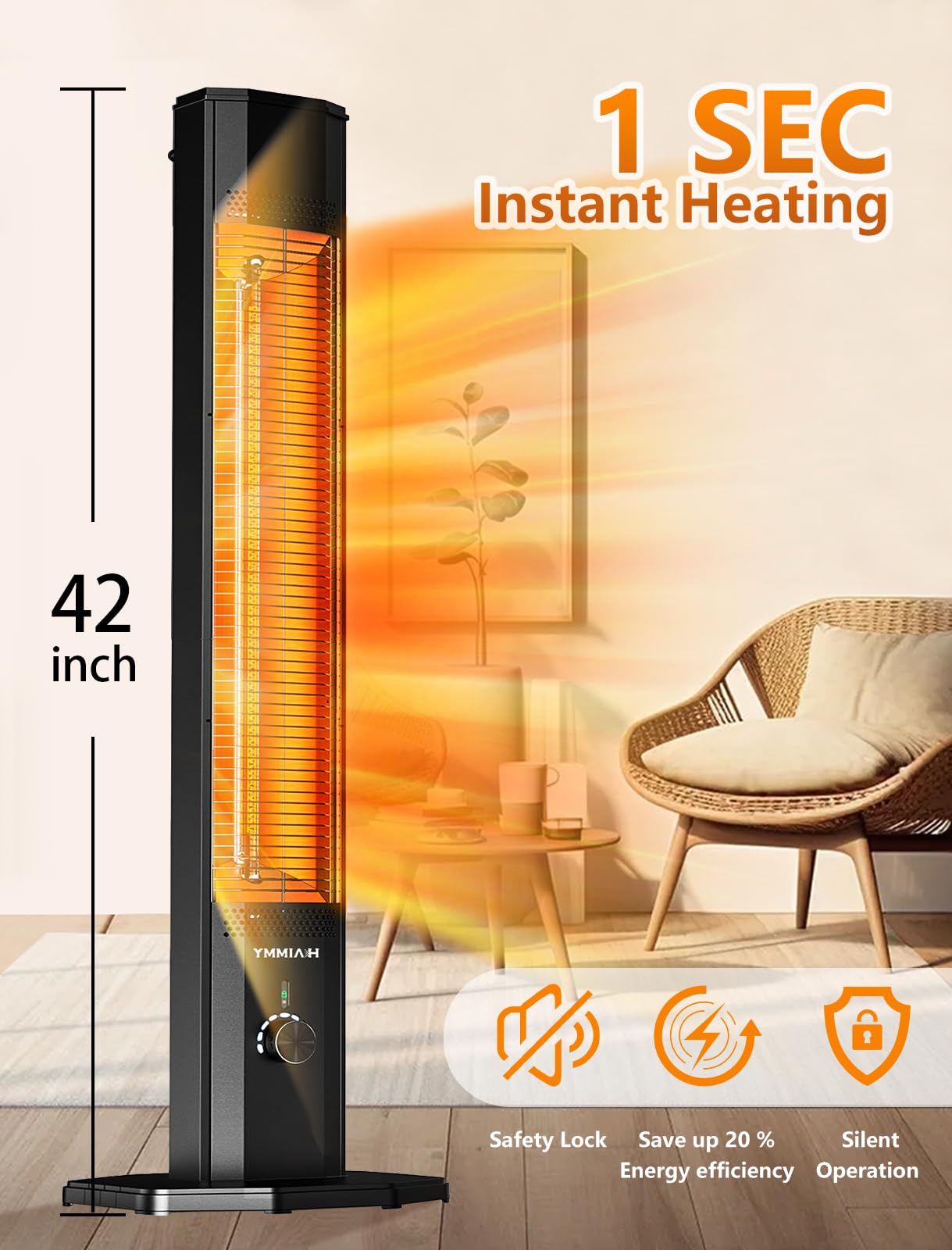 Haimmy 42-inch Outdoor Electric Patio Heater with Remote Control - 1500W Infrared Space Heater with 9 Heat Levels & 9H Timer - Safety Lock, Tip-Over & Overheat Protection, IPX5 Waterproof - Perfect for Patio, Deck, Garden, and Outdoor Dining Areas
