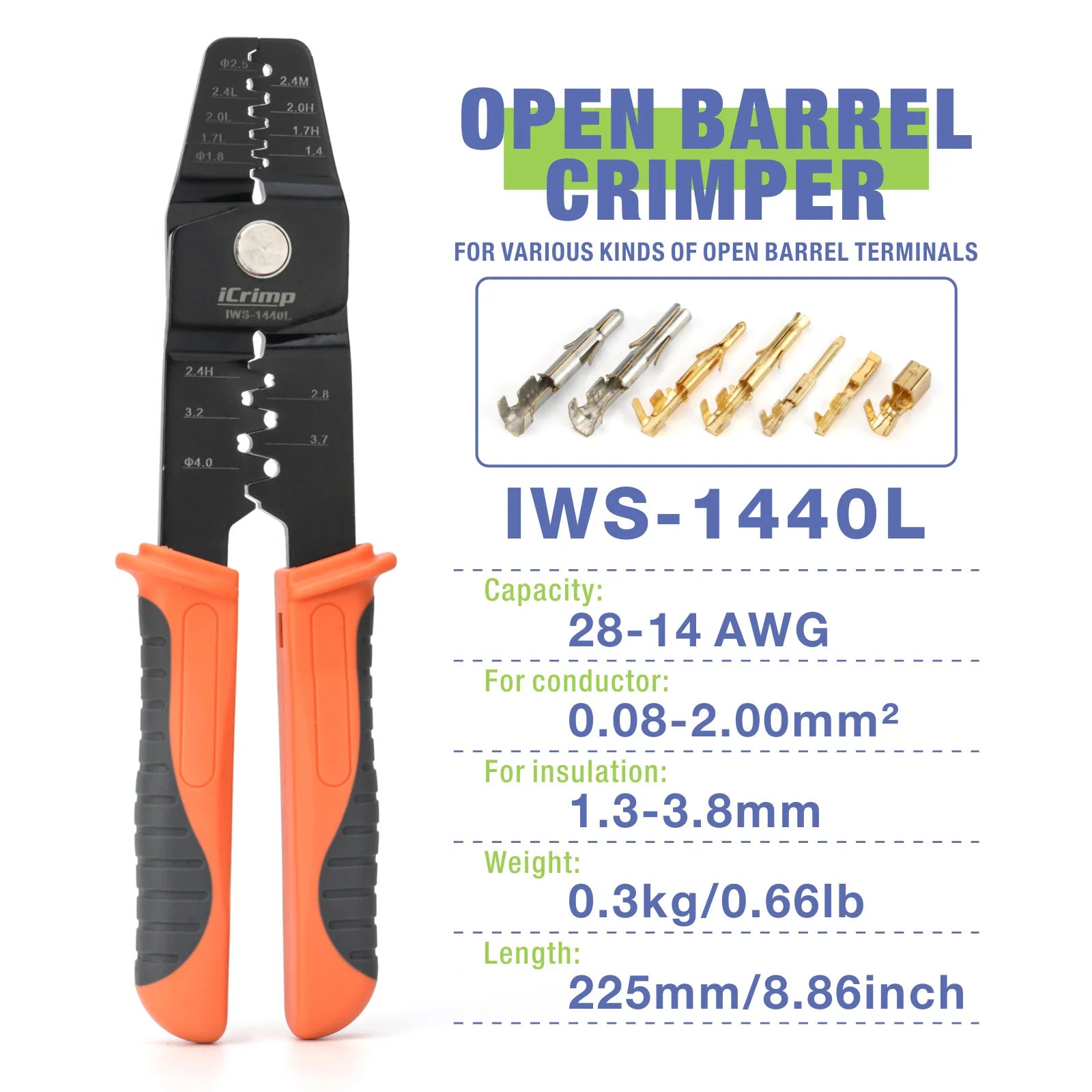 IWS 1442L Micro Connector Crimper Tool for AWG30-14 Open Barrel Terminals - Compatible with Molex & TE AMP - Ideal for Electronics, Automotive, and DIY Wiring Projects