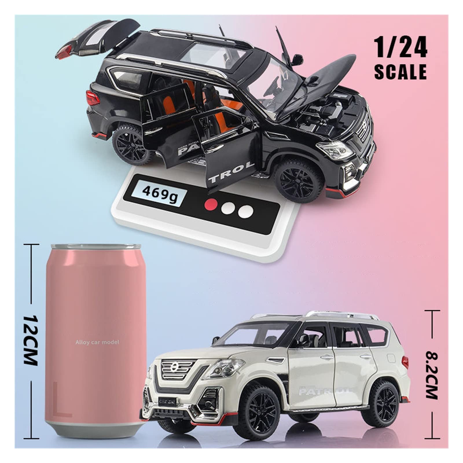 Nissan Patrol 1:24 Alloy Diecast Car Model with Light & Sound Effects - Black Toy Car for Collectors, Kids Gift, and Home Display