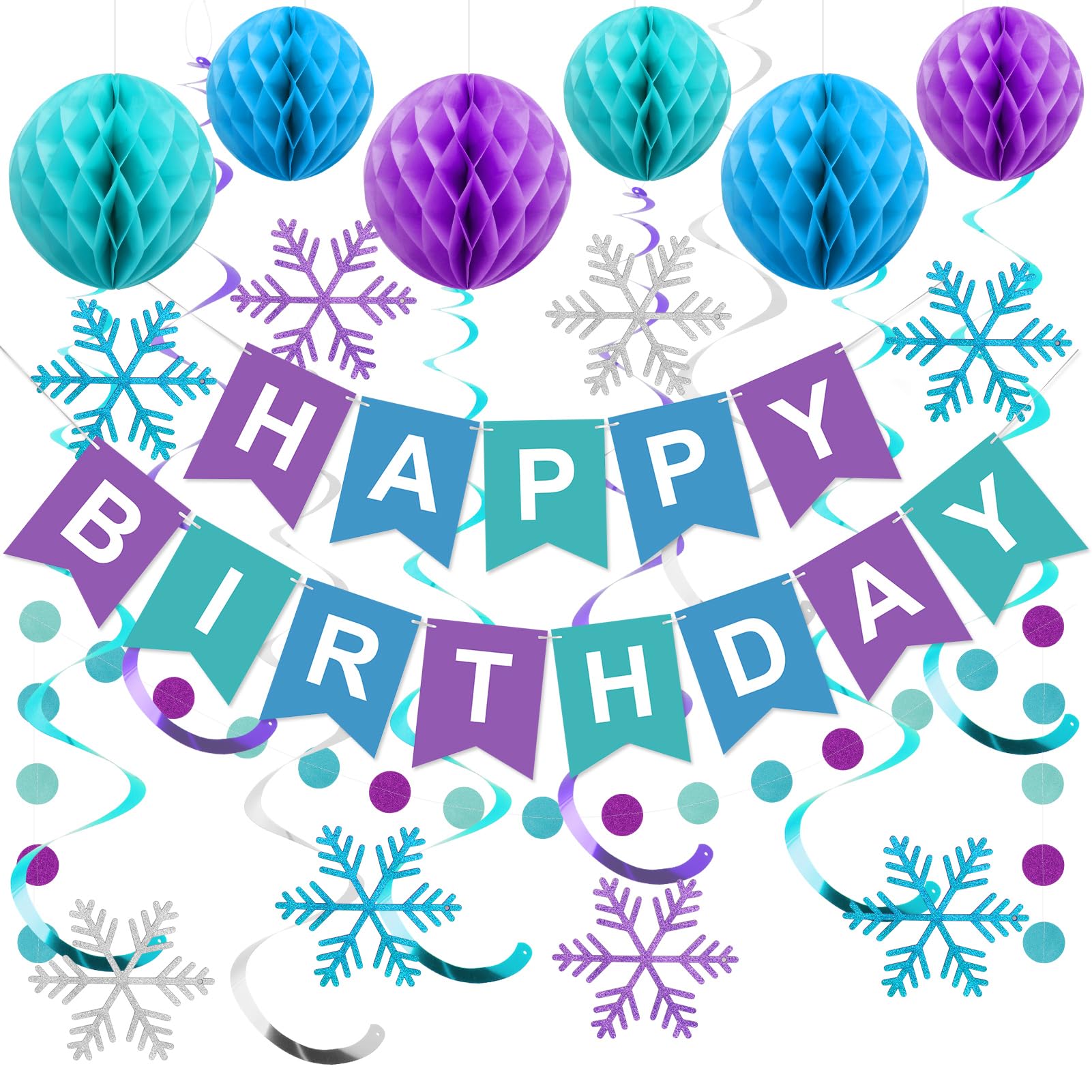 Meowtastic Frozen Birthday Party Decorations Kit - Happy Birthday Banner, Honeycomb Balls, Snowflake Hanging Swirls & Circle Dot Garlands - Winter Themed Birthday Decor for Boys & Girls - Perfect for Frozen Themed Parties, Winter Celebrations & Kids Birthday Decorations