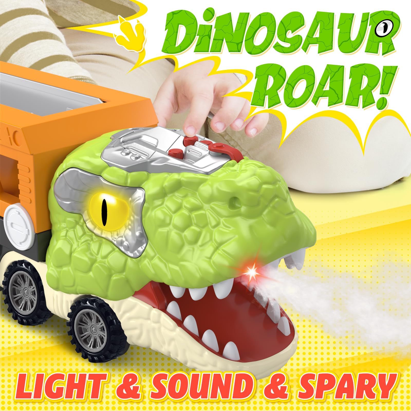 SpringFlower 11-in-1 Dinosaur Toy Truck Set with 10 Pull Back Cars - Interactive Light & Sound Dinosaur Toys for Kids Ages 3-5 - Perfect Birthday Gift for Toddler Boys - Great for Pretend Play, Outdoor Adventures & Learning About Dinosaurs