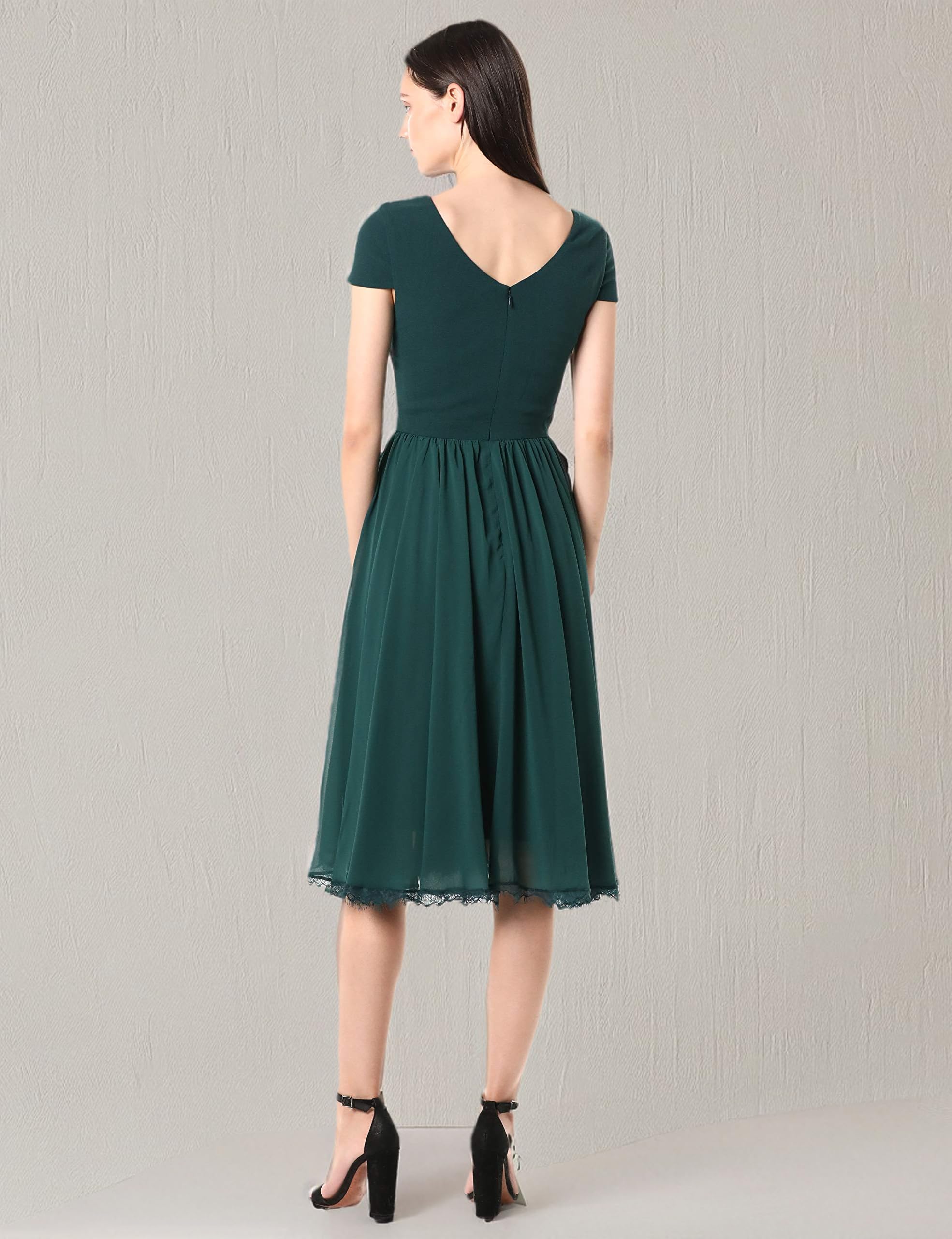 Dress the Population Women's Corey Plunging Mixed Media Cap Sleeve A-Line Midi Dress | Elegant Cocktail & Evening Party Wear