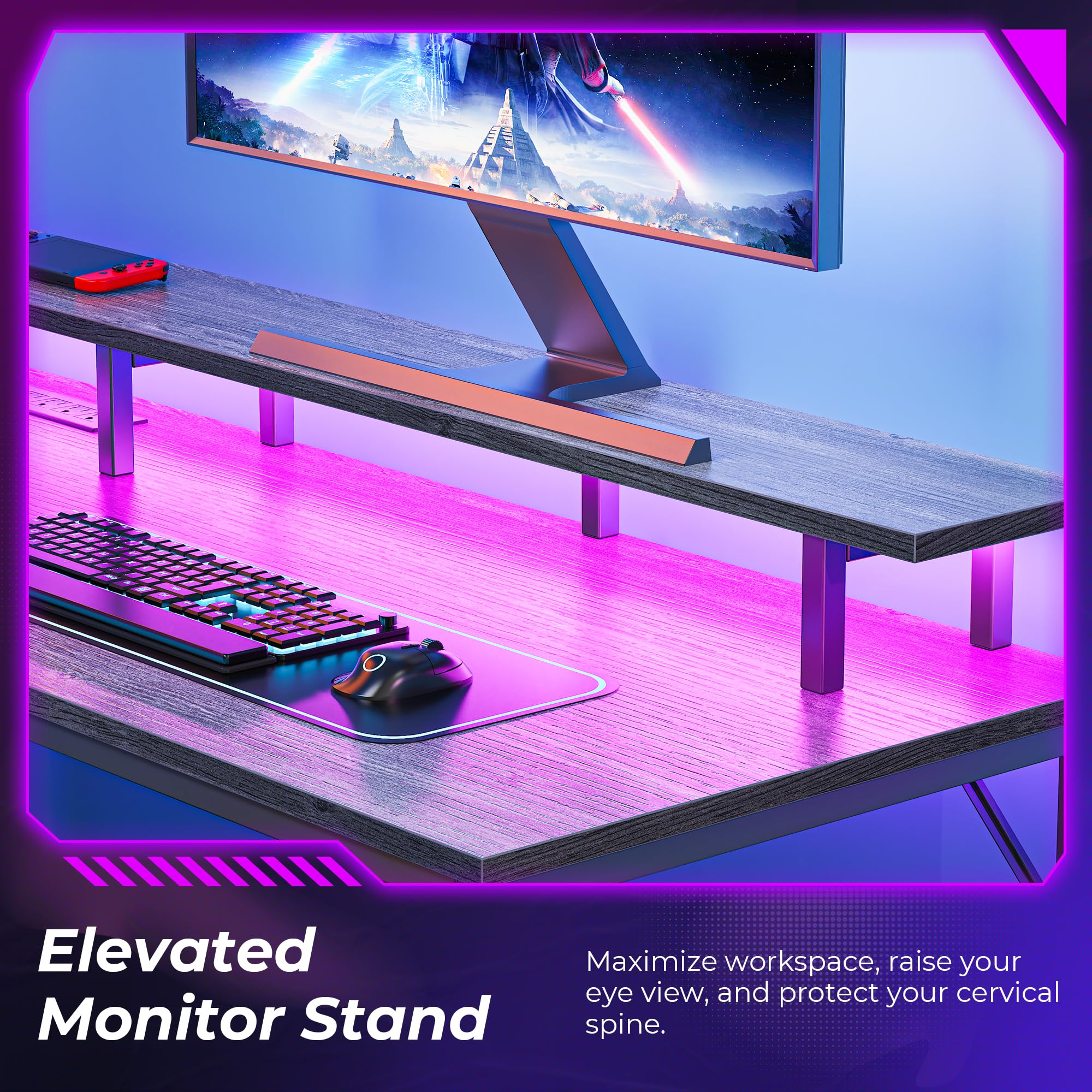 SUPERJARE L-Shaped Gaming Desk with LED Lights & Power Outlets, Computer Desk with Monitor Stand & Headphone Hooks, Home Office Corner Desk (Grey) - Perfect for PC Gaming Setup, Streaming & Remote Workstations