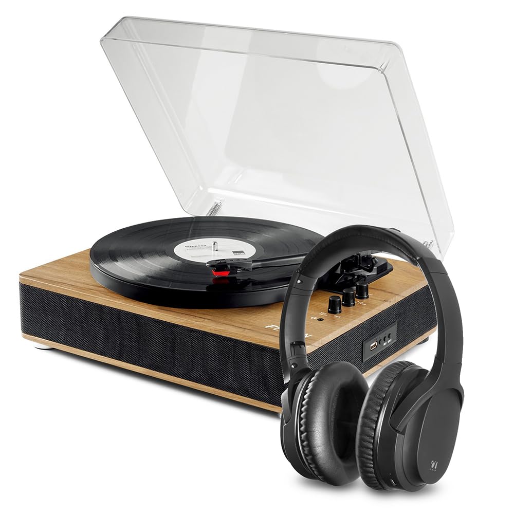 Audizio Fenton RP162LW Vintage Bluetooth Record Player with ANC110 Wireless Headphones - Perfect for Home Music Listening, Vinyl Collection & Noise-Free Experience