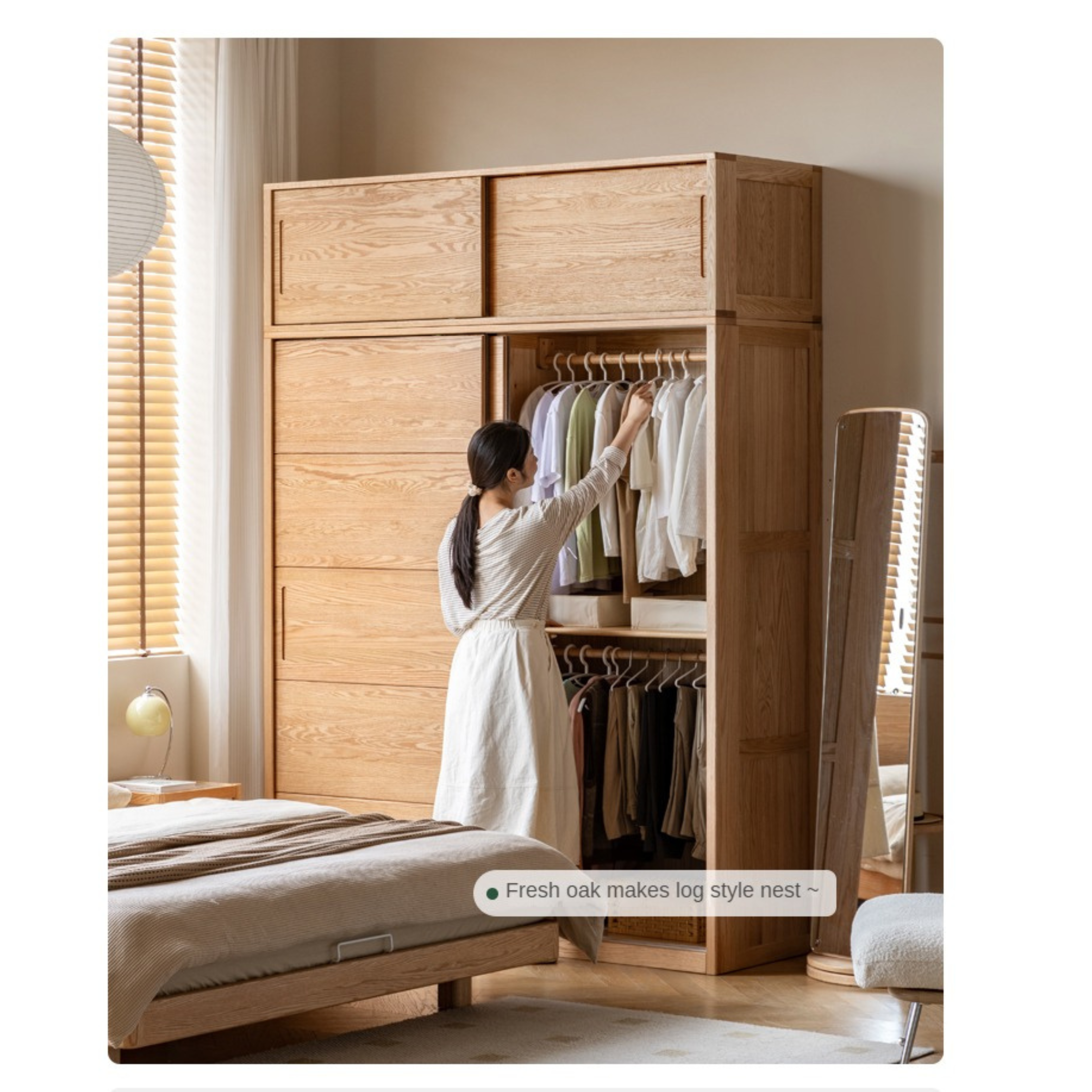 Solid Oak Wood Sliding Door Wardrobe Closet - Modern & Durable Storage for Bedroom, Living Room, or Walk-In Closet Organization