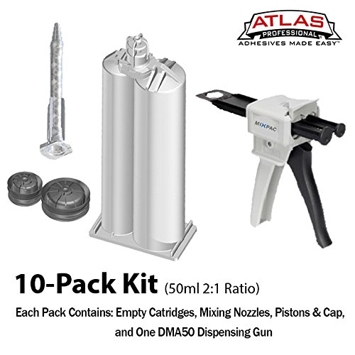 Atlas Pro 50ml/1.7oz Empty 2:1 Ratio Dual-Barrel Cartridge & Dispenser Kit (10 Pack) - Perfect for Epoxy Resin, Adhesives and DIY Craft Projects