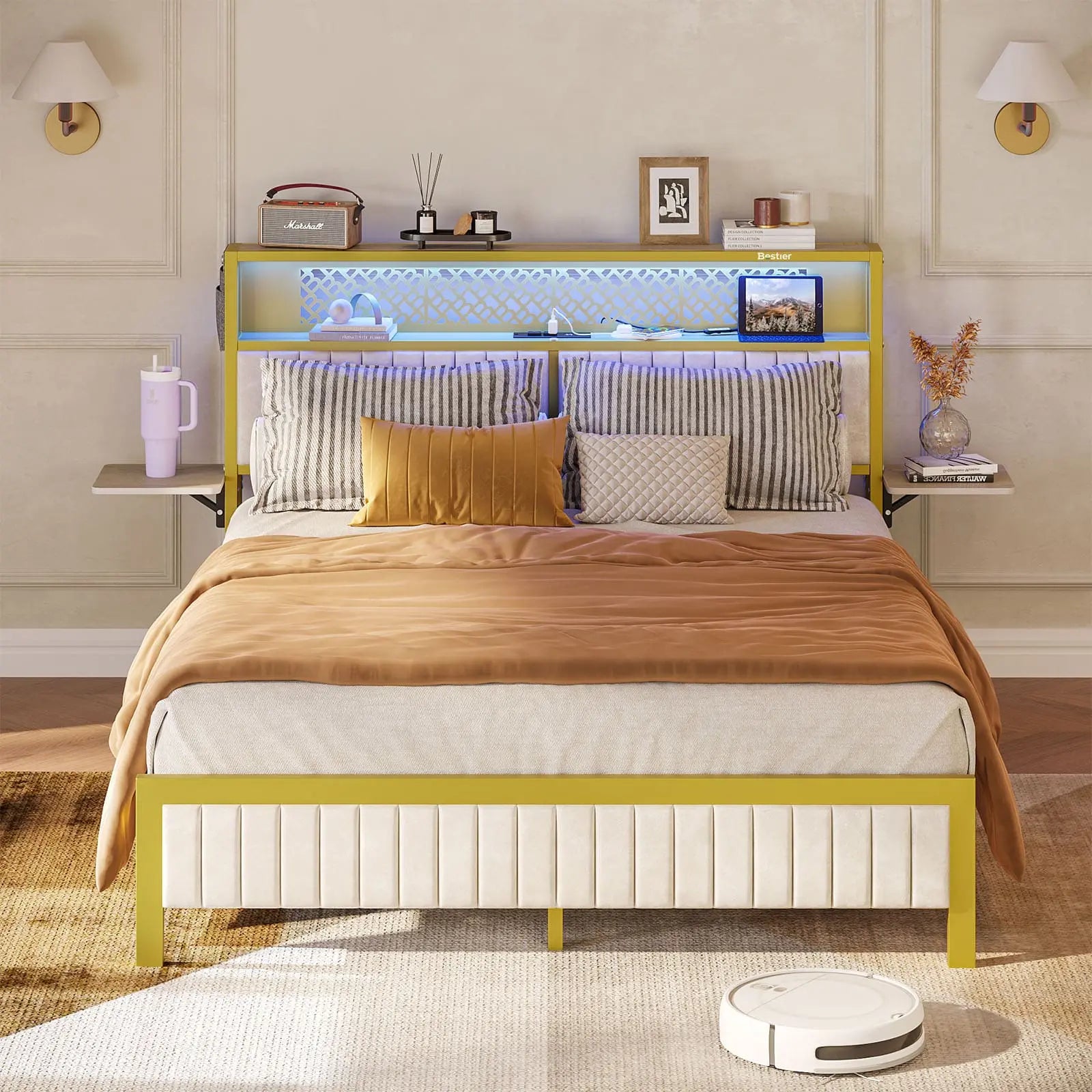 Bestier King/Queen/Full Size Bed Frame with USB Charging Station - Sturdy Metal Platform Bed with Headboard & LED Lights - Perfect for Modern Bedrooms & Guest Rooms
