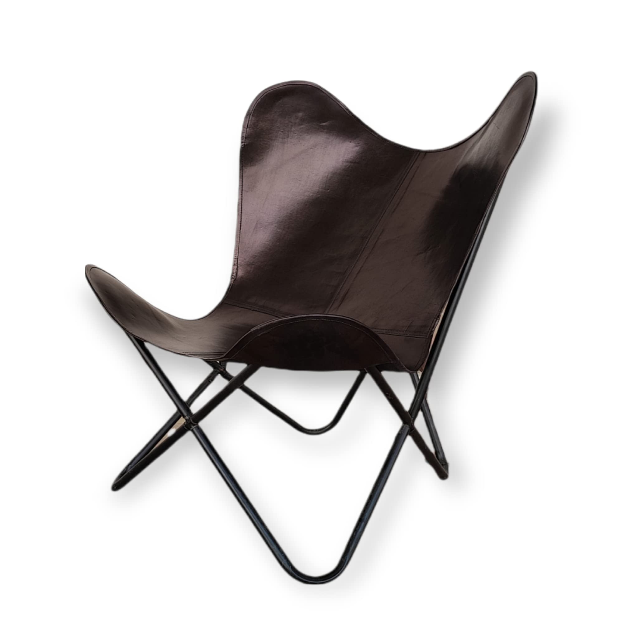 GifteQ Brown Leather Butterfly Chair with Foldable Iron Frame - Cow Print Boho Accent Chair for Living Room, Bedroom & Patio - Western Style Home Decor for Relaxing & Lounging (Black)