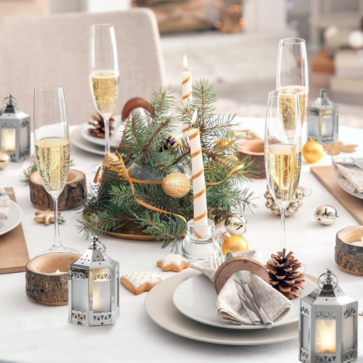 Silver Mini LED Star Lanterns - 6 Pack Battery-Operated Decorative Lanterns for Indoor Christmas Decor, Wedding Centerpieces, Winter Reception & Party Decorations - Perfect for Table Settings, Holiday Displays and Romantic Ambiance Lighting