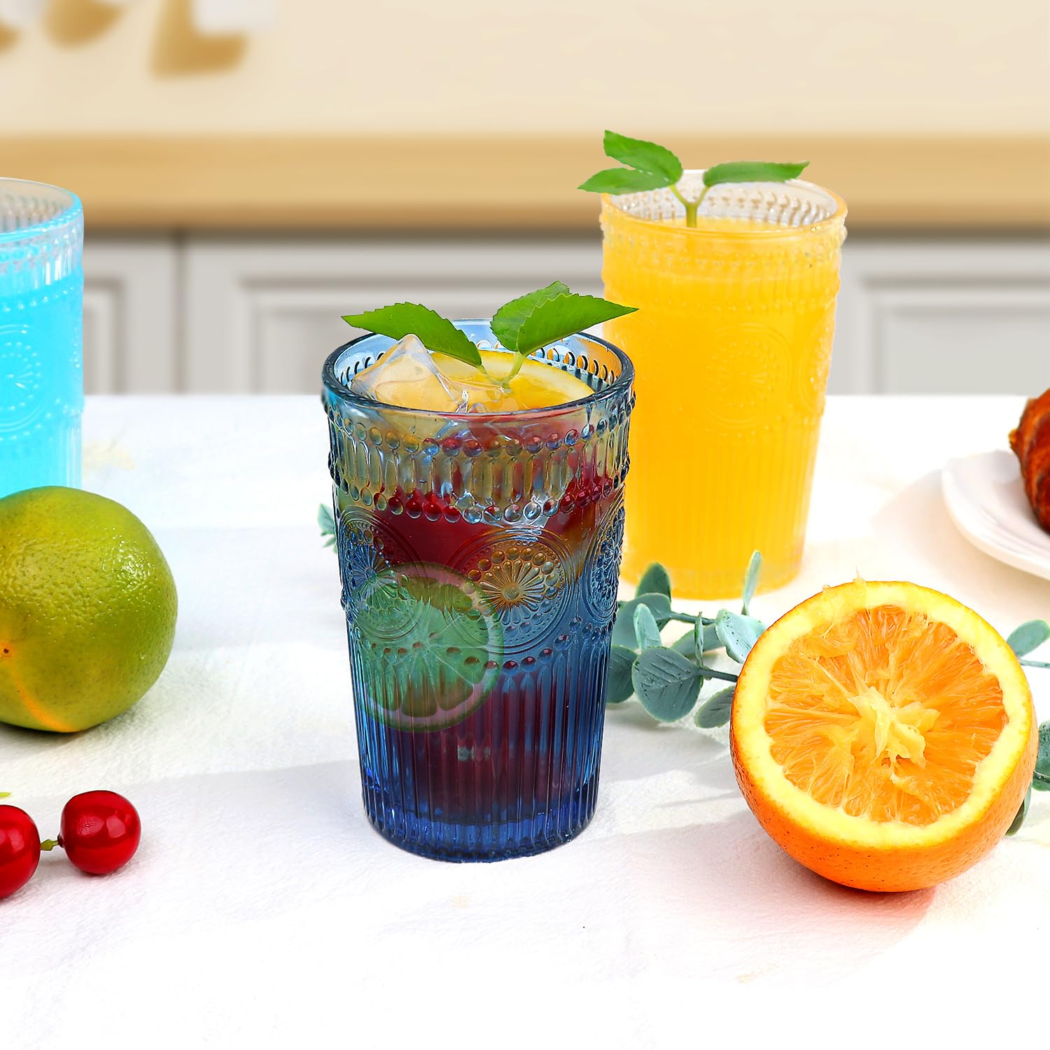 Vintage Drinking Glasses Set of 6 - 12 oz Blue Highball Glasses with Embossed Ribbed Design - Perfect for Cocktails, Water, Juice, Coffee & Whiskey - Ideal for Home Bars, Parties & Gifts