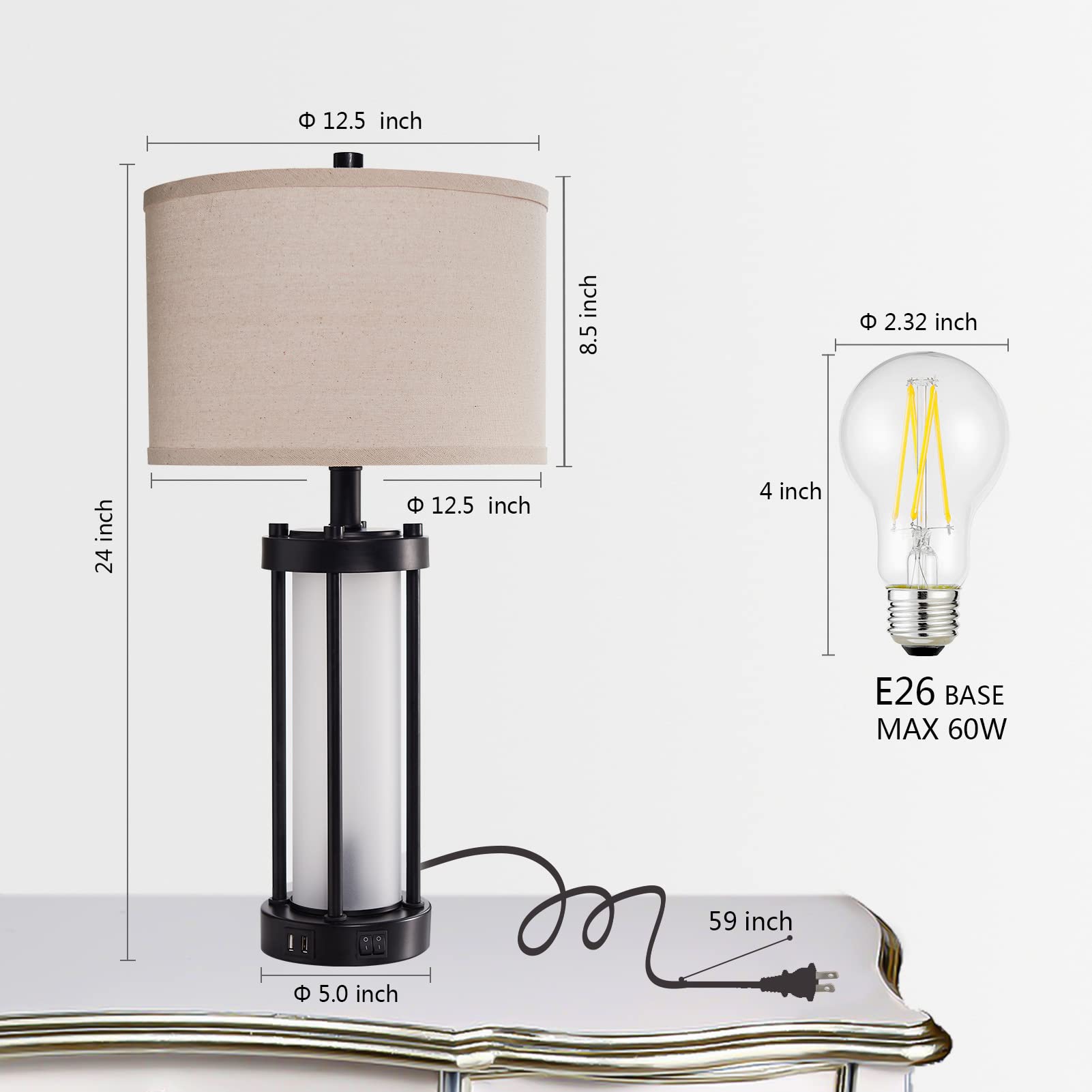RORIA Set of 2 Modern Table Lamps with USB Ports - White Frosted Glass Nightlight for Bedroom, Living Room & Office - Contemporary Desk Lamp for Nightstand, End Table or Entryway - Includes 4 LED Bulbs (Black) - Perfect for Reading, Working & Creating Cozy Ambiance