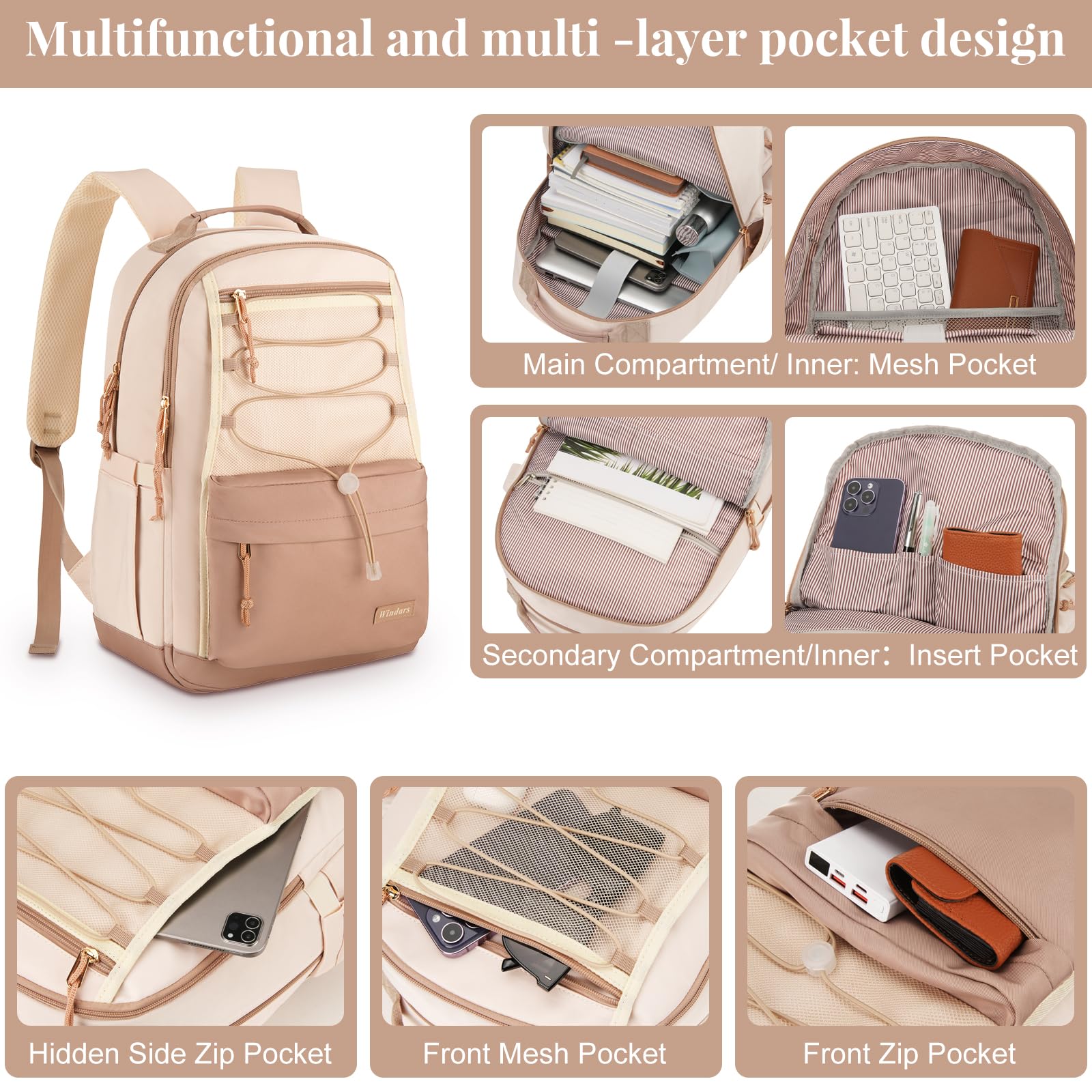 Stylish Aesthetic Backpack for Teen Girls & College Women - Large 15.6 Inch Laptop Book Bag for School, Work & Travel (Khaki Beige) | Perfect for Daily Commute, Campus Life & Weekend Getaways