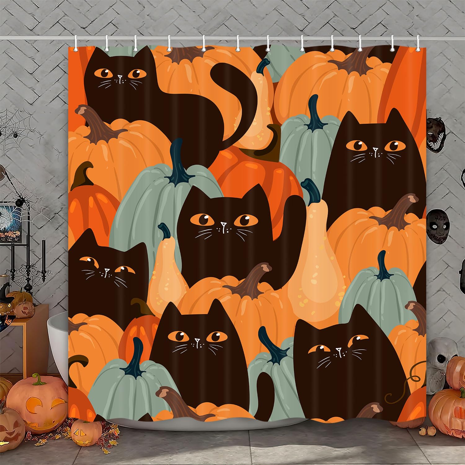 Black Cat Halloween Shower Curtain - 72x72 Inch Spooky Bathroom Decor with Pumpkins & Bats, Waterproof Polyester Fabric, Hocus Pocus Theme - Perfect for Fall Decorations, Halloween Parties & Gothic Bathroom Accessories (Includes Hooks)
