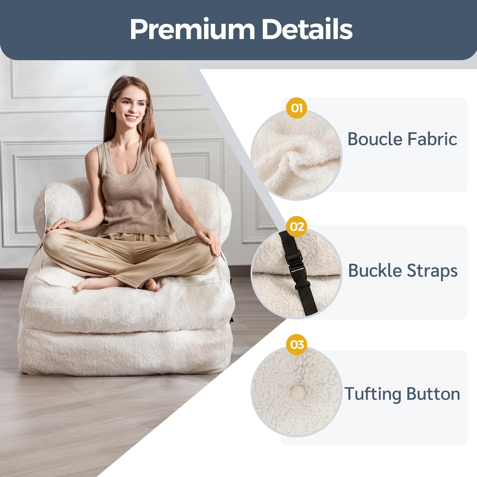MAXYOYO Folding Sofa Bed - Convertible Boucle Sleeper Chair with Removable Bolster Pillow, Multi-Functional Floor Sofa Lounge for Small Space (Beige) | Perfect for Living Room, Bedroom, Guest Room & Studio Apartment