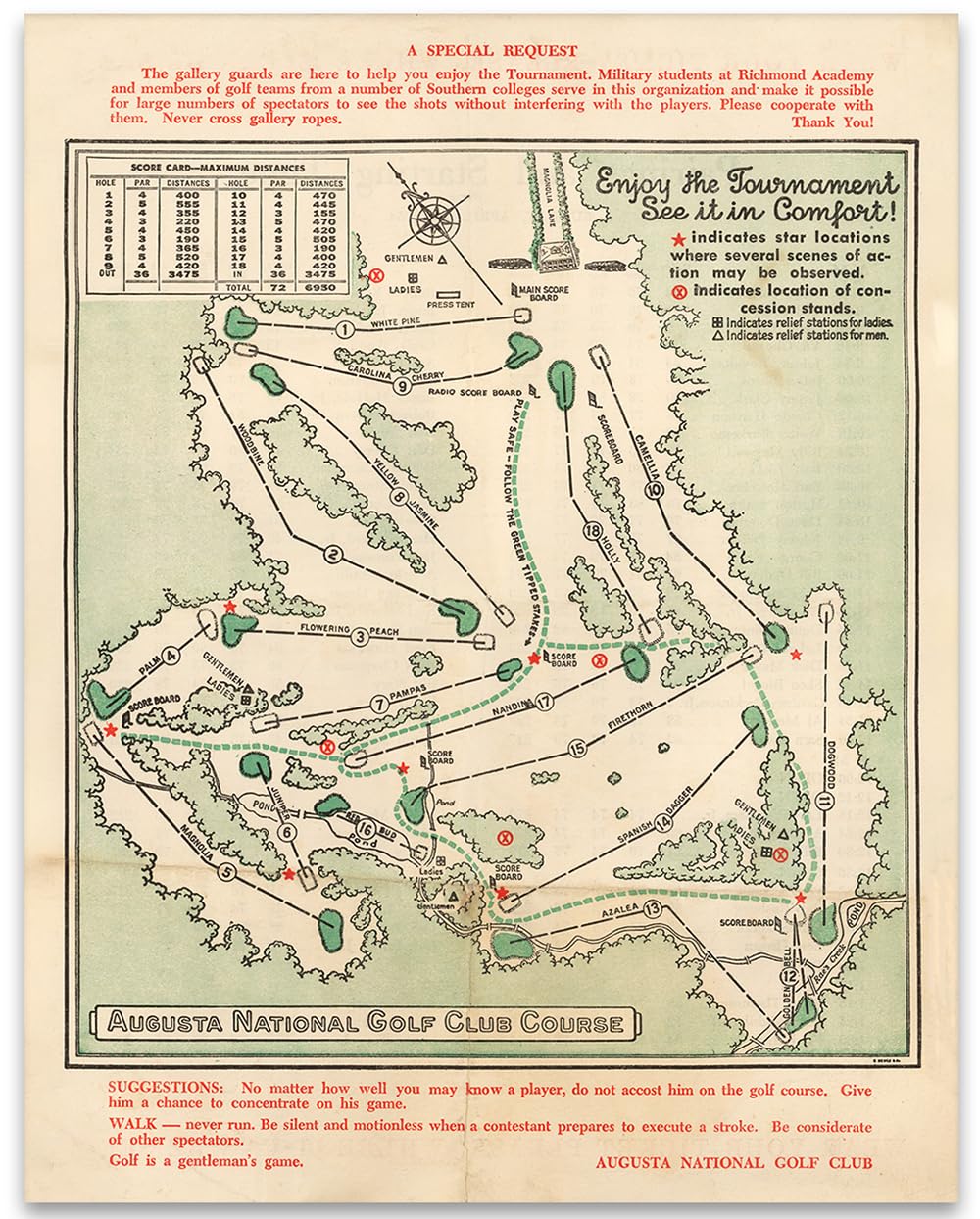 Vintage 1954 Augusta National Golf Course Map Wall Art Poster - 11x14 Masters Golf Decor Print for Home, Office & Man Cave - Perfect Golf Gift for Fans & Collectors