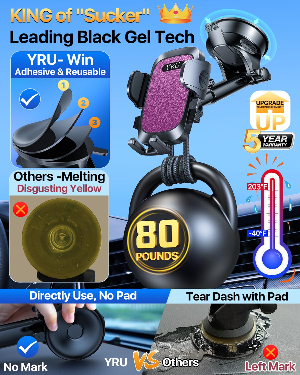 2025 Upgraded 80LB+ Strong Suction Car Phone Holder Mount - Bumpy Road Stable Dashboard & Vent Windshield Phone Stand for iPhone 16/15/14/13 Pro Max & Samsung - Purple - Perfect for Trucks, Road Trips & Daily Commutes