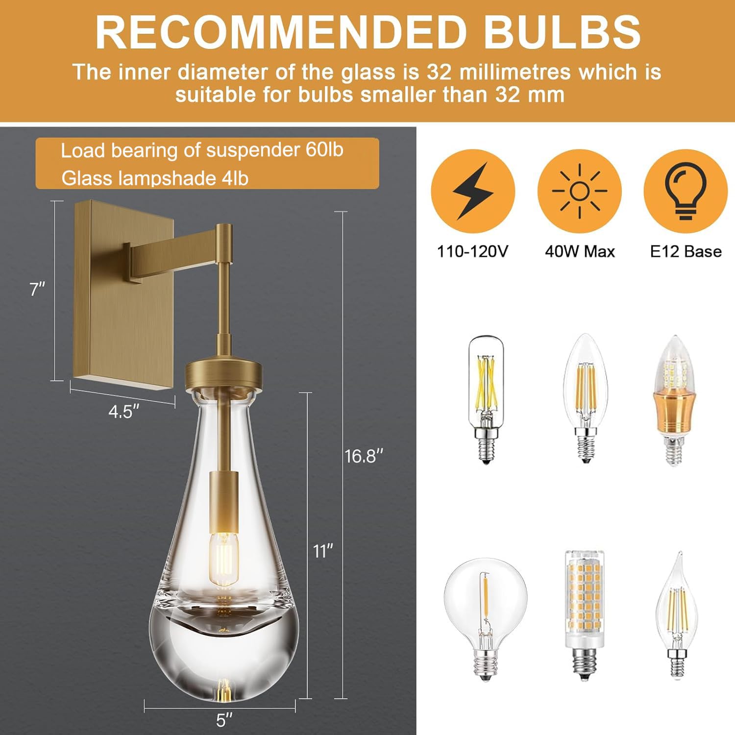 Modern Brass Raindrop Wall Sconces Set of 2 - Hand Blown Solid Glass Vanity Lights for Bathroom, Bedroom & Living Room - Elegant Indoor Lighting Fixtures for Home Decor and Relaxing Ambiance