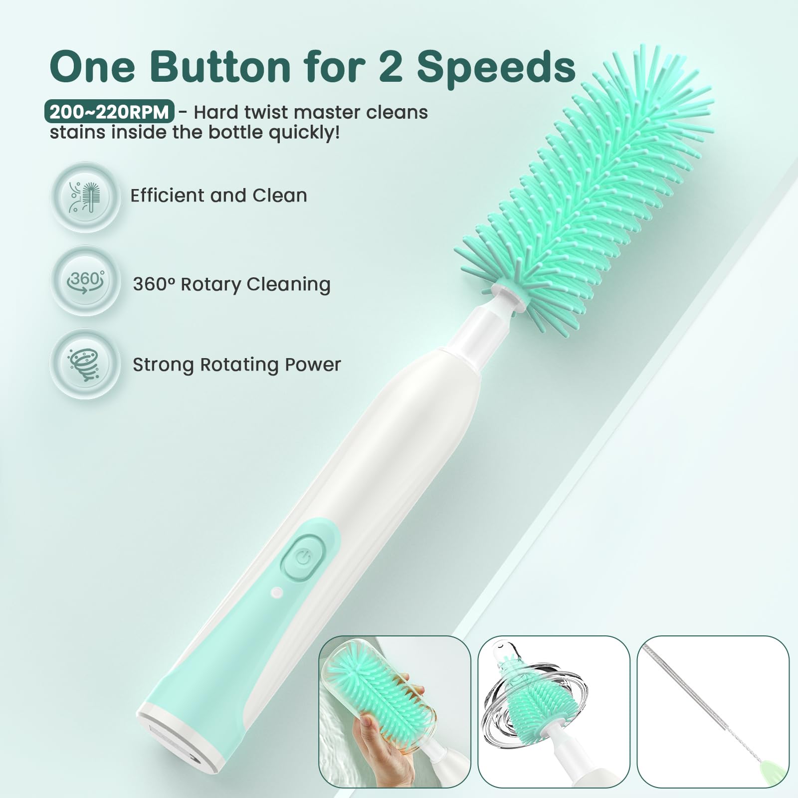 Electric Baby Bottle Brush Set - 4-in-1 Silicone Cleaning Brush with 2-Speed Function for Travel & Home | Safe Bottle Cleaner for Newborns & Infants | Perfect for Breast Pump Parts, Sippy Cups & Baby Food Containers