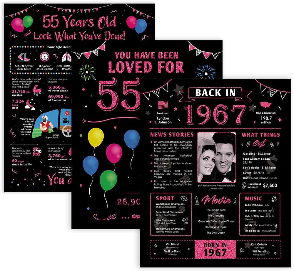 55th Birthday Gifts for Women - Pink 55th Birthday Decorations Set - 55th Wedding Anniversary Supplies - Funny Mom Birthday Present Ideas - Back in 1967 Vintage Poster (Unframed 8x10, Set of 3) - Perfect for Wife's Milestone Celebration, Themed Parties & Nostalgic Home Decor