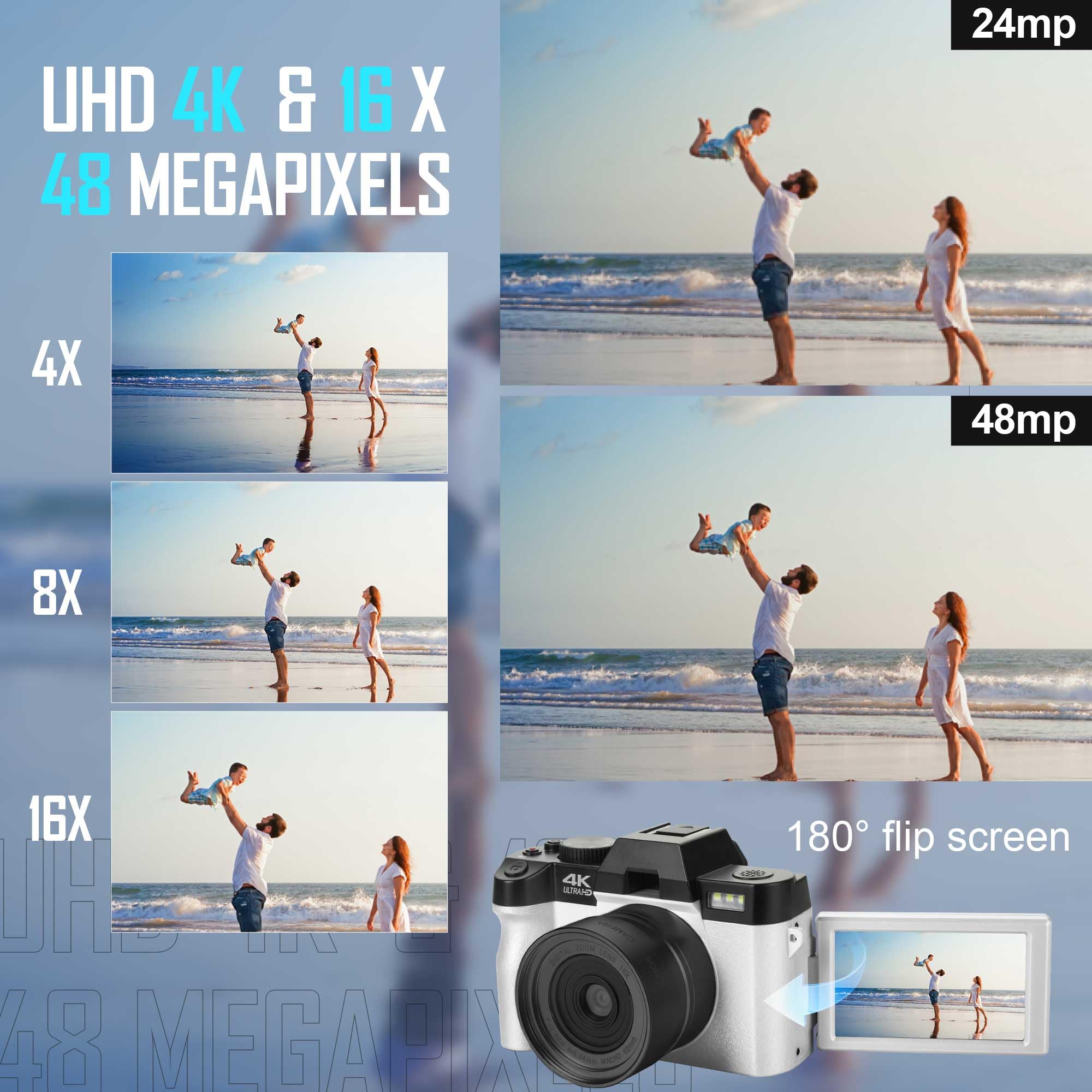 4K 48MP Digital Camera with 180° Flip Screen - Vlogging Camera for YouTube, DSLR Style Photography Camera with 32GB TF Card & 2 Batteries - Perfect for Travel, Blogging, and Content Creation