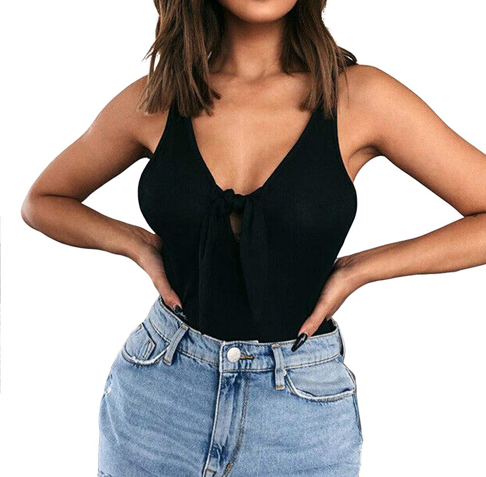 Women's V-Neck Ribbed Tie-Up Bodysuit - Sexy Backless Leotard Top for Casual Wear & Night Out | Stretchy Jumpsuit for Women | Perfect for Layering, Clubbing & Date Nights