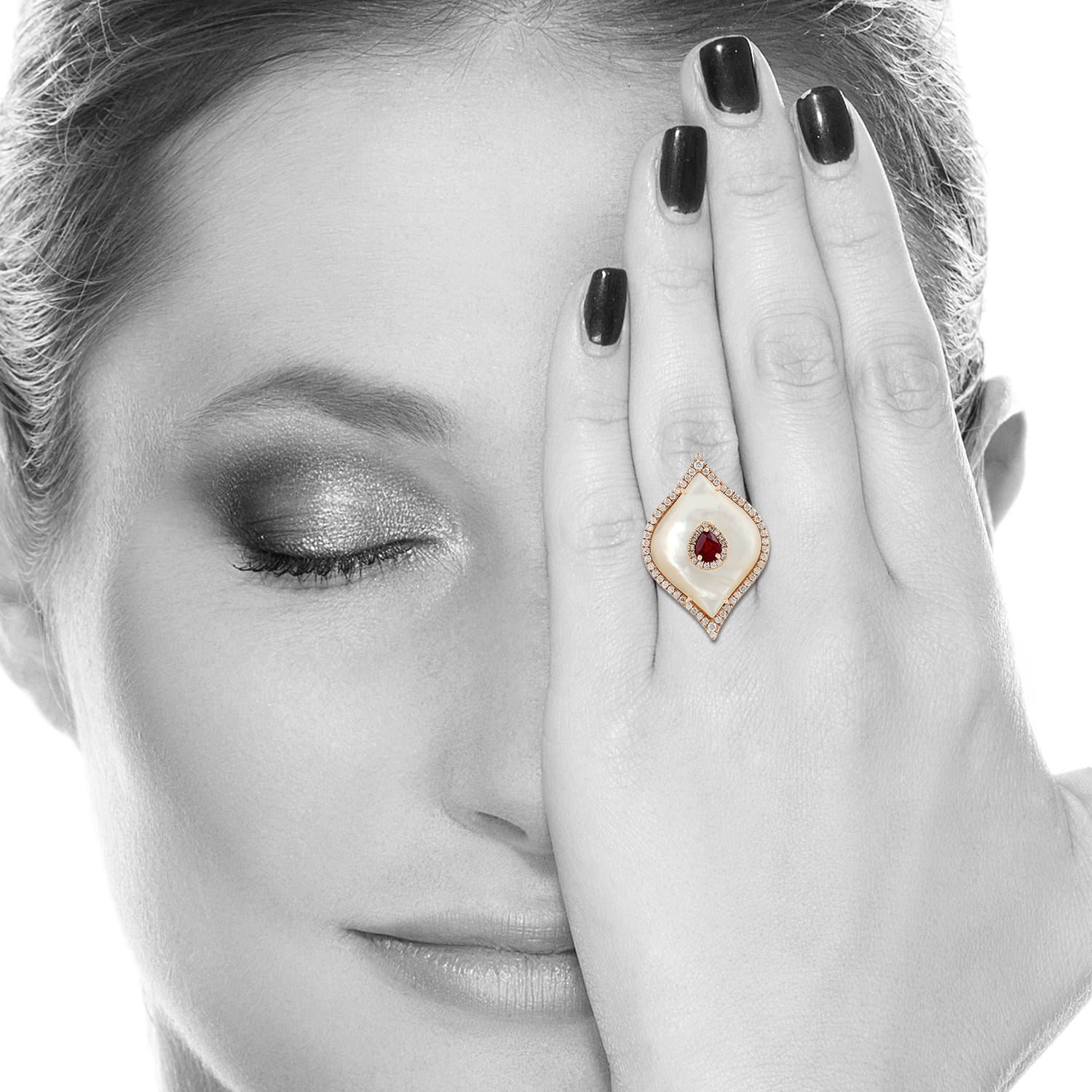 18K Rose Gold Marquise Cut Mother of Pearl & Pear Cut Ruby Pave Diamond Ring - Elegant Statement Jewelry for Weddings, Anniversaries, and Special Occasions