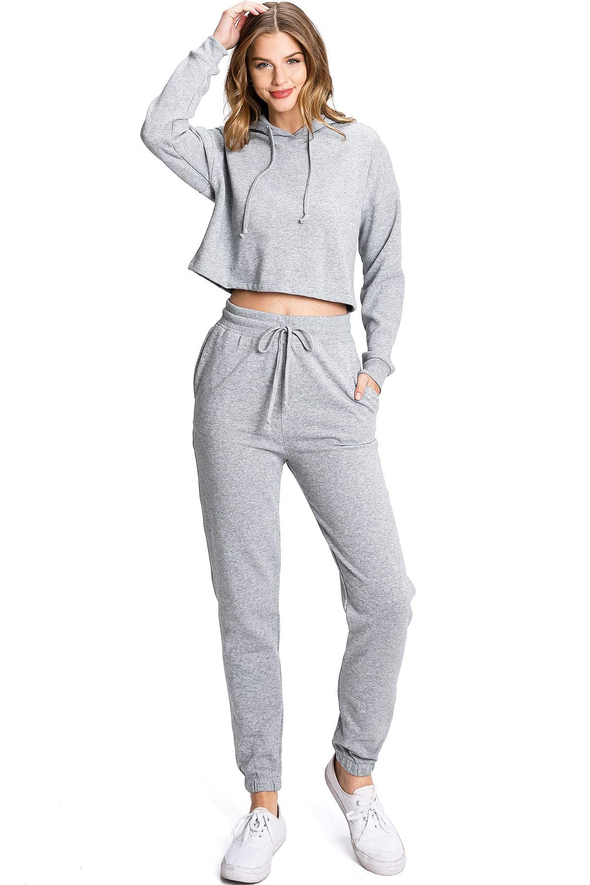 Ambiance Apparel Women's Juniors Crop Hoodie & Joggers Set - Soft Comfortable Sweatpants Outfit for Casual Wear, Lounge, Gym & Street Style Fashion
