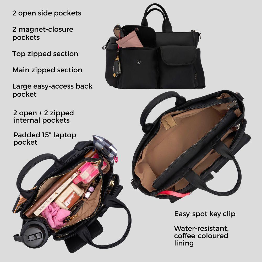 Stylish Black Nylon Multi-Pocket Tote Bag for Women - Spacious Everyday Carryall with Multiple Compartments - Perfect for Work, Travel, Shopping & Gym