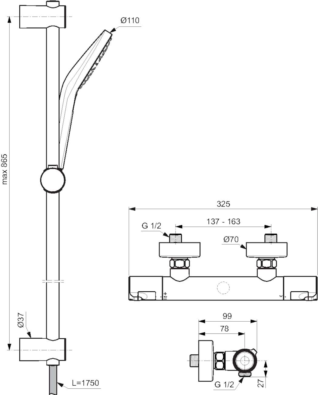 Ideal Standard Ceratherm T50 Thermostatic Shower Kit with Mixer Valve & Adjustable Shower Rail Set in Chrome - Perfect for Modern Bathrooms & Spa-Like Showers