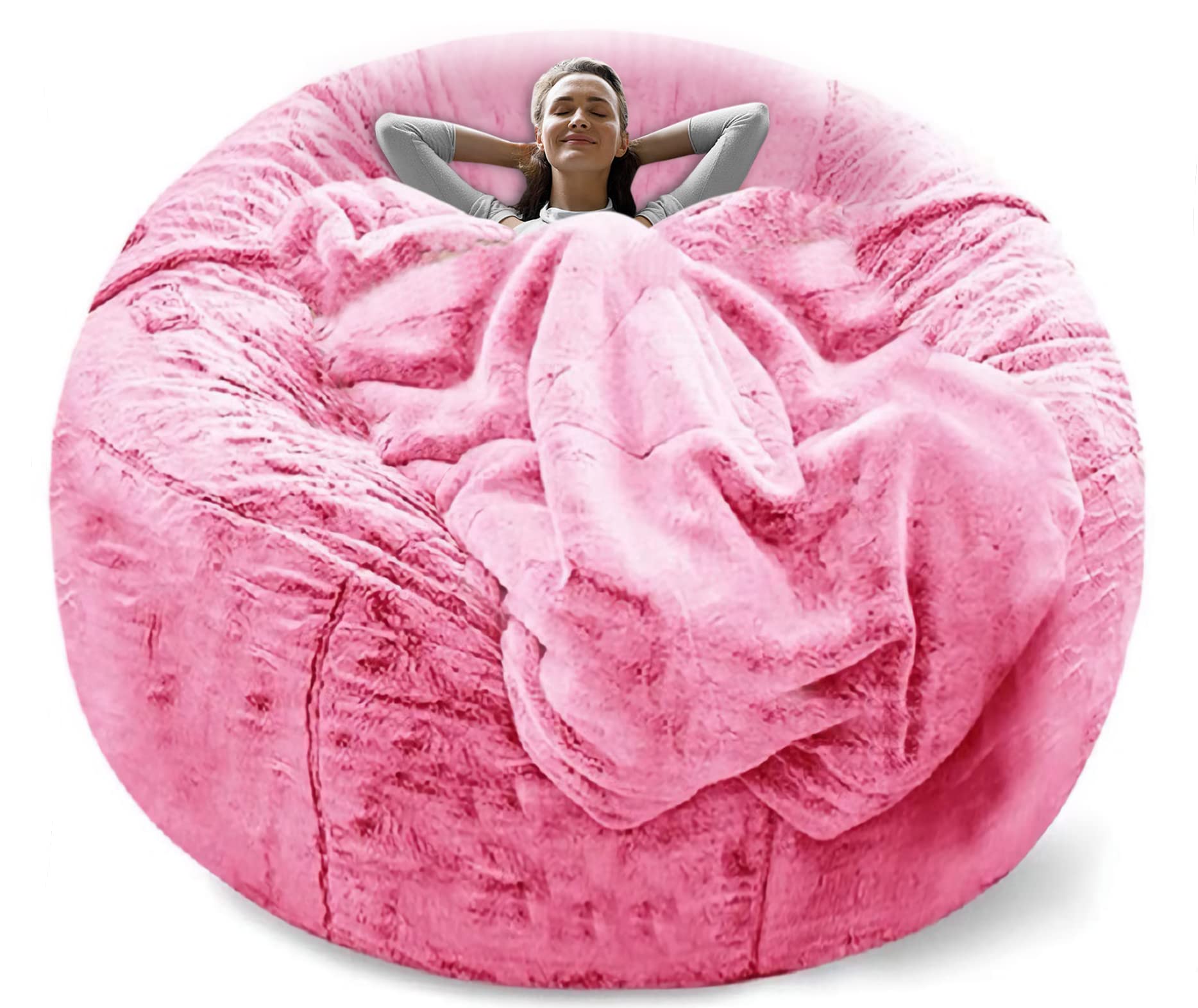RAINBEAN 6ft Bean Bag Chair Cover Only (Not Full Bean Bag) - Soft Fluffy PV Velvet Replacement Slipcover for Round Chair Cushion - Snow Red - Perfect for Living Room, Bedroom, Game Room & Dorm Furniture Decor