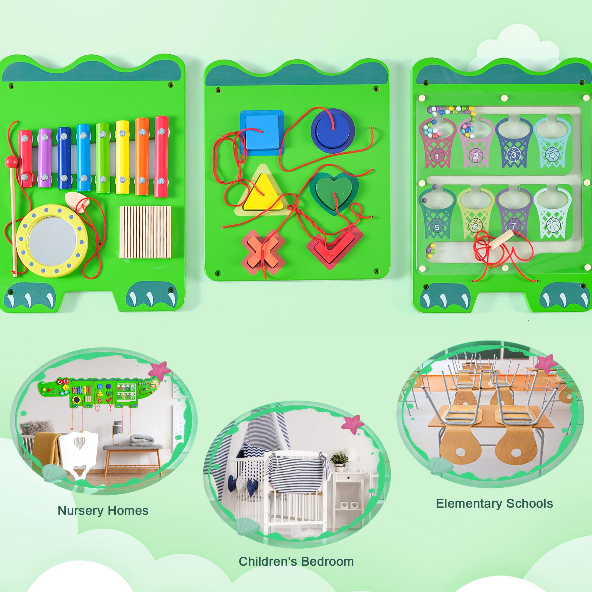 **Crocodile Sensory Toys Activity Wall Panels - Montessori Busy Board for Toddlers 18+ Months, Wooden Learning & Interactive Toys for Fine Motor Skills - Sensory Wall & Activity Cube for Daycare, Preschool, Home Play (Green)**