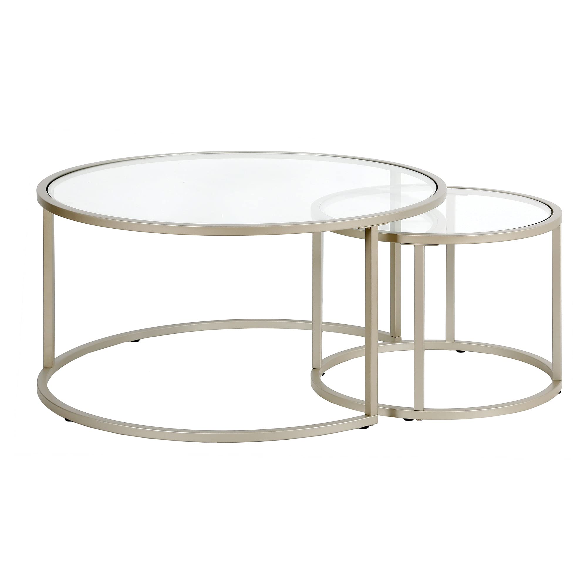 Watson Round Nested Coffee Table Set - Modern Satin Nickel Finish Side Tables for Living Room, Bedroom & Office - Perfect for Small Spaces & Home Decor