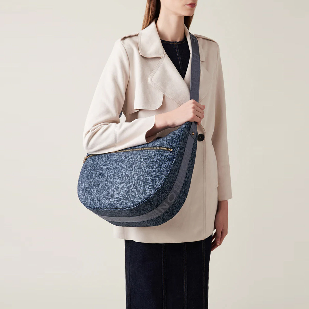 Borbonese Luna Medium Denim Recycled Nylon Crossbody Bag with Front Pocket - 934109I15 - Perfect for Work, Travel & Everyday Use