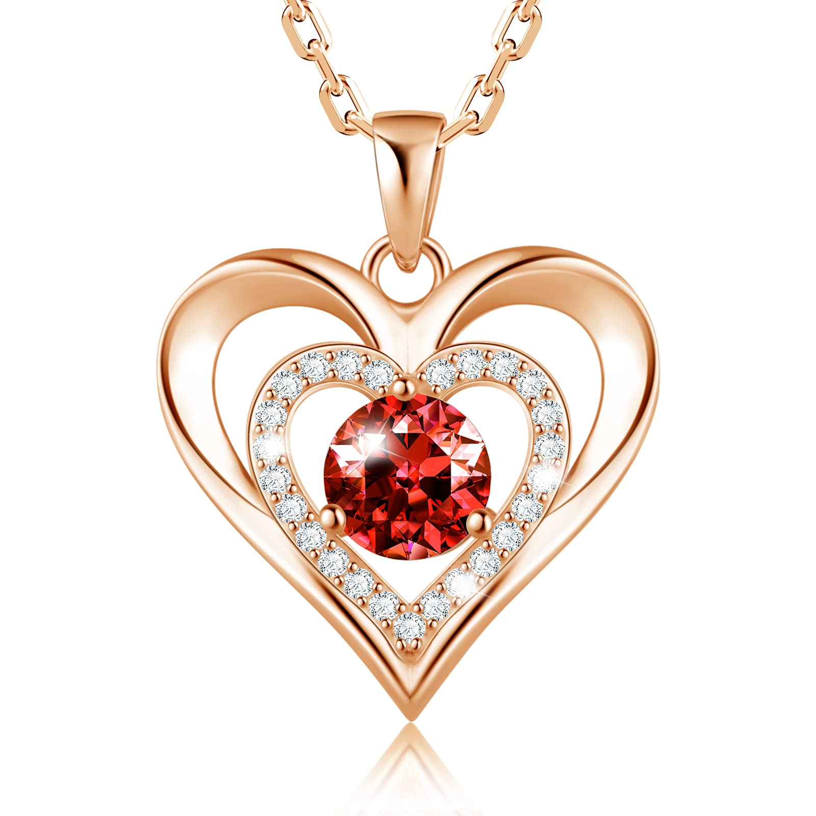 925 Sterling Silver Heart Necklace with 5A Zirconia Birthstone - 18K Rose Gold Plated Love Pendant Jewelry for Women, Mom, Wife, Girlfriend - Valentine's Day, Mother's Day, Birthday Gift - 17.7