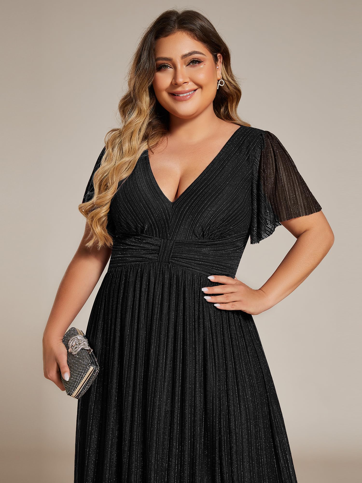 Ever-Pretty Women's Plus Size A-Line Glitter V-Neck Pleated Short Sleeve Formal Evening Dress 11961-DA - Perfect for Prom, Cocktail Parties & Special Occasions