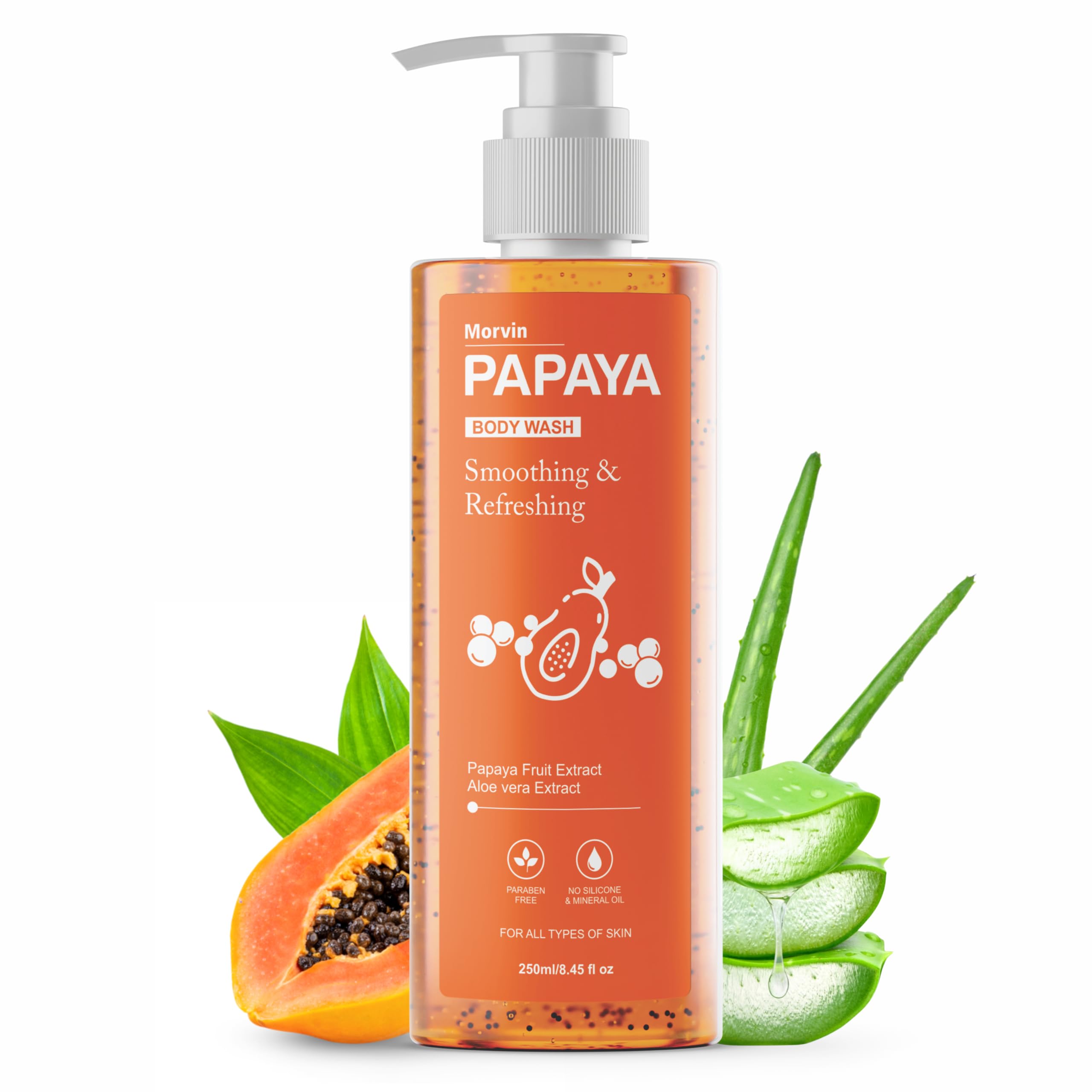 Morvin Papaya Smoothing & Refreshing Body Wash Shower Gel 250ml - Exfoliating & Deep Cleansing with Natural Papaya & Aloe Vera Extracts | Paraben, Silicone & Mineral Oil Free | Gentle Daily Shower for Soft, Hydrated Skin | Perfect for Dry, Sensitive Skin Types