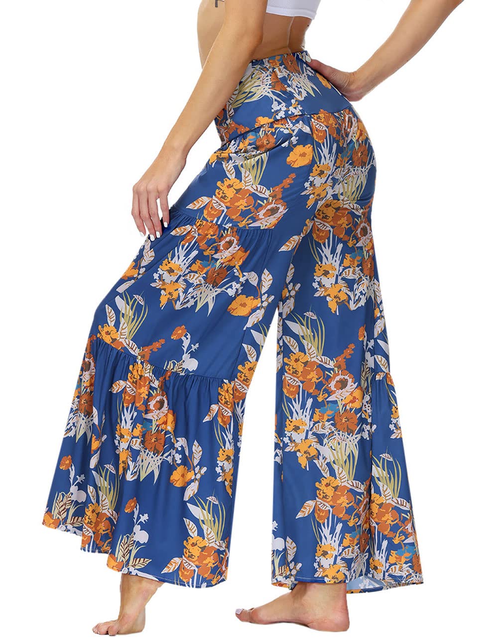 GGUHHU Women's High Waist Wide Leg Beach Pants - Floral Print Pleated Palazzo Pants with Adjustable Belt | Perfect for Vacation, Summer Outfits & Boho Style