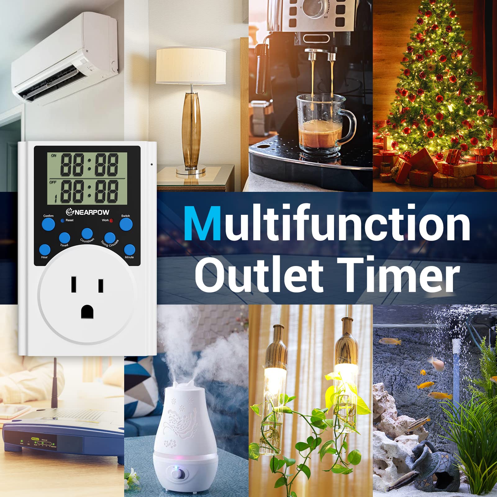 Nearpow Programmable Digital Timer Switch - 15A/1800W 3-Prong Outlet, Infinite Cycle Multifunctional Plug-in Timer for Lights, Appliances & Holiday Decorations - Perfect for Home, Office & Outdoor Use