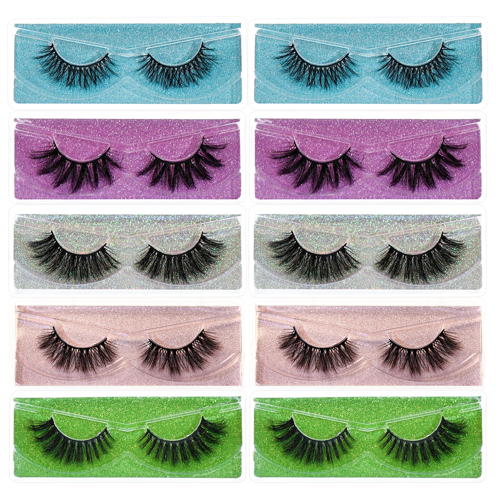 Wholesale 3D Faux Mink Eyelashes Bulk Pack - 18mm Handmade Reusable False Lashes, 5 Styles Dramatic Fluffy Lashes with Glitter (10 Pairs) - Perfect for Party, Wedding, and Special Occasion Makeup