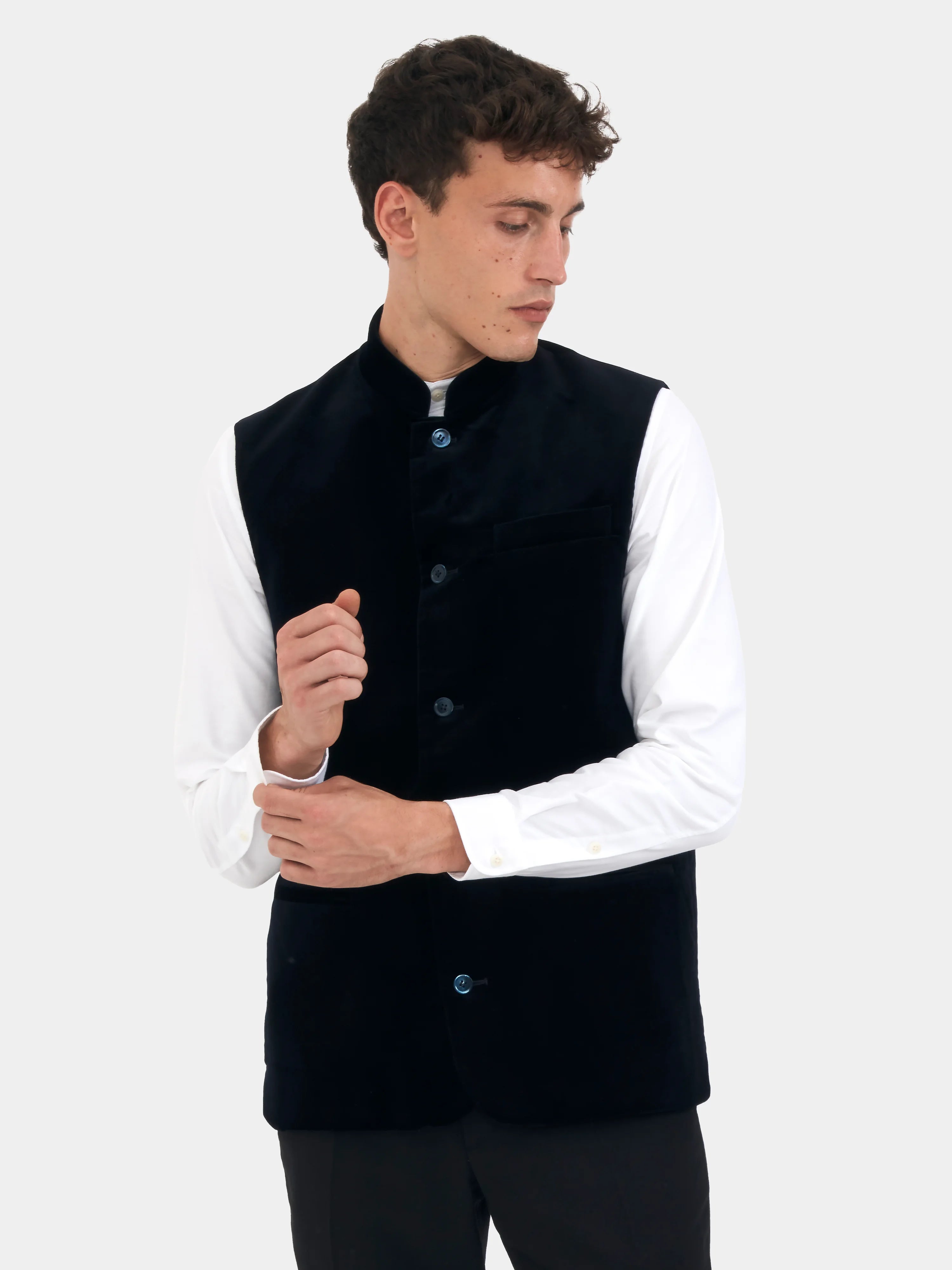 Midnight Blue Organic Cotton Velvet Nehru Waistcoat for Men | Elegant Formal Vest for Weddings, Parties & Special Occasions