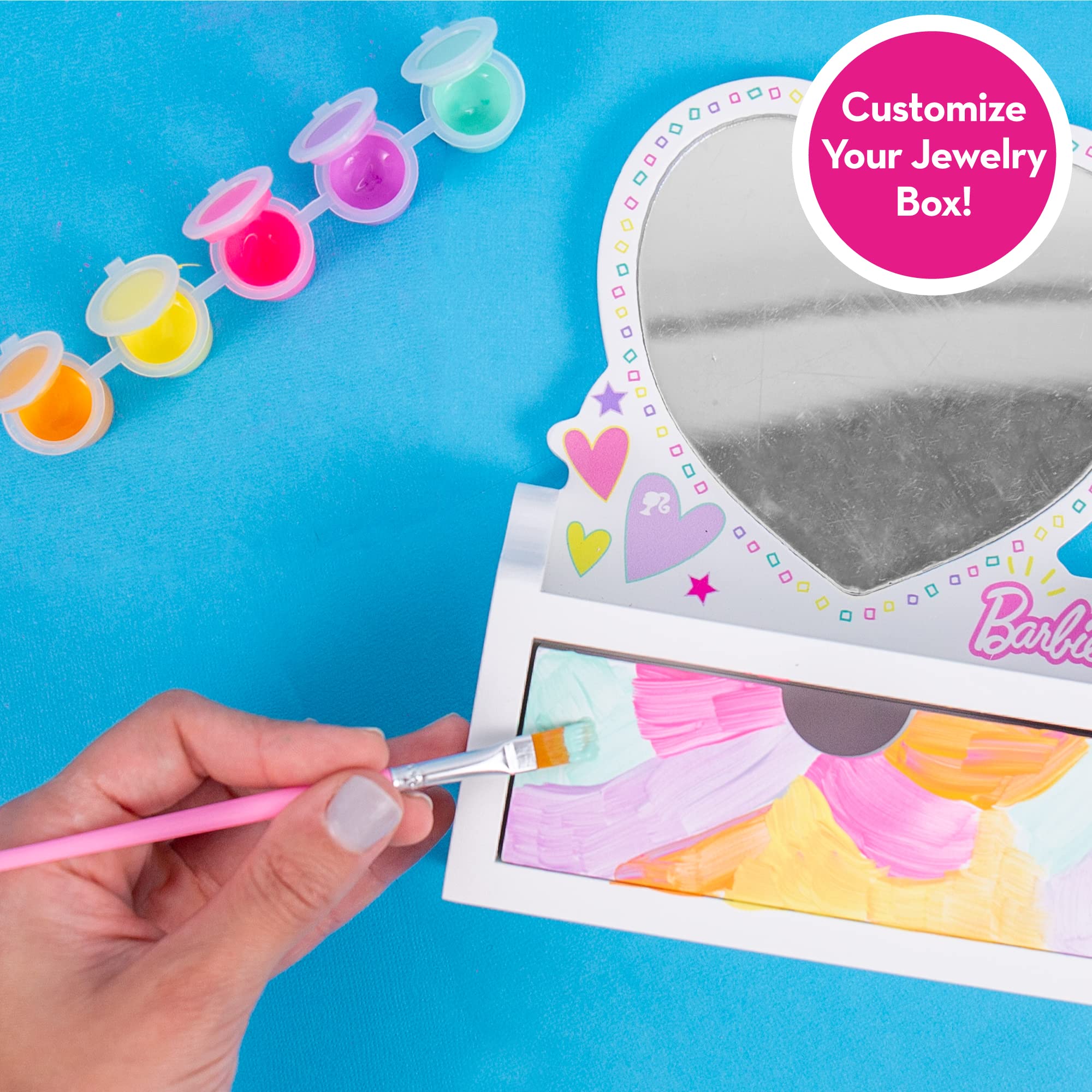 Barbie DIY Jewelry Box Kit - Customizable Heart-Shaped Vanity with Acrylic Paints, 5 Jewelry Pieces, 100+ Charms & Beads - Creative Arts & Crafts Gift for Girls Ages 5-8 - Perfect for Birthday Parties & Pretend Play