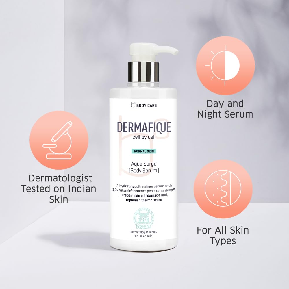 Dermafique Aqua Surge Body Lotion Serum with Shea Butter & 10x Vitamin E - 500ml Moisturizer for Normal Skin | Repairs Skin Cell Damage | Dermatologist Tested | Perfect for Daily Hydration & Post-Shower Care