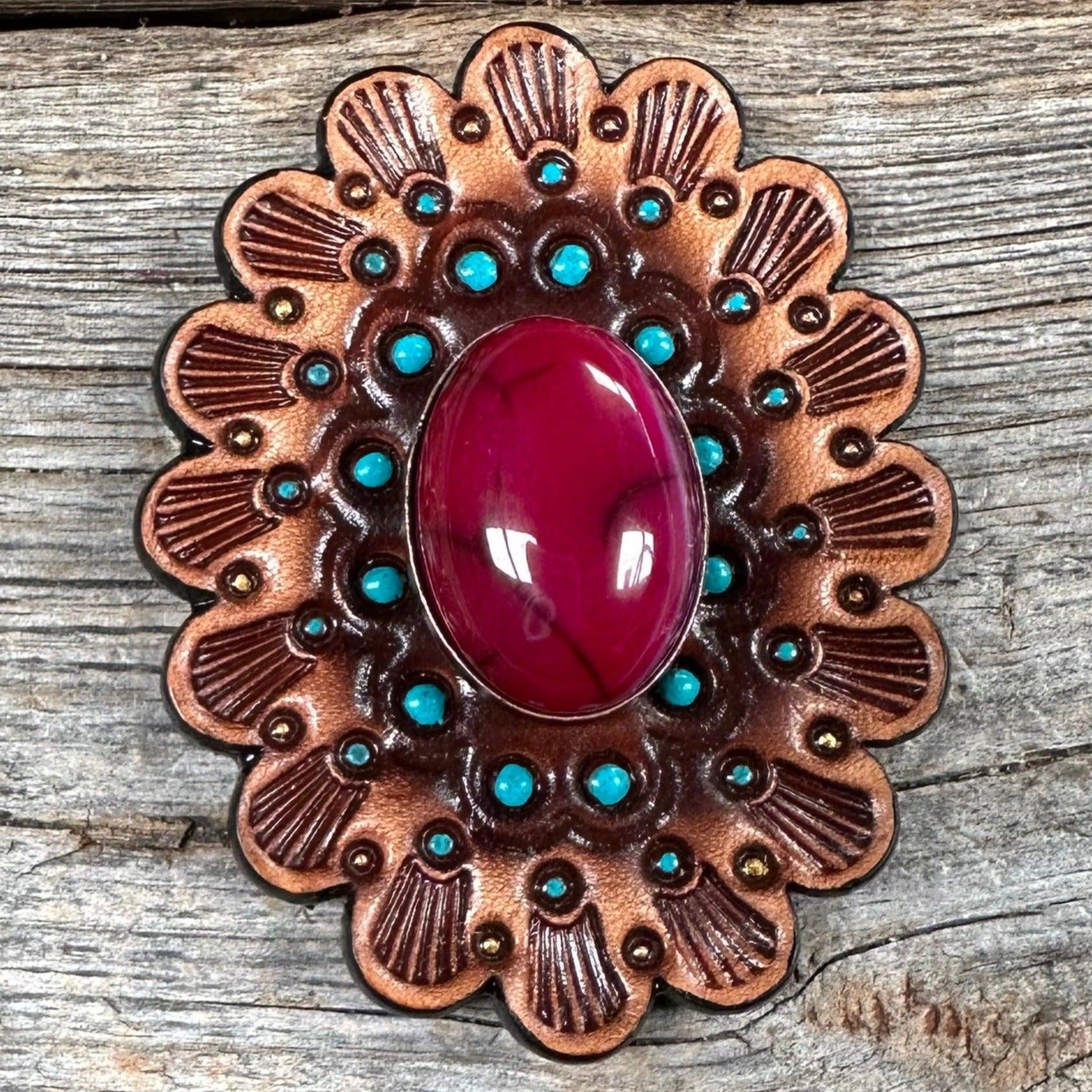 Western Leather Rosette Concho with Fuchsia Cabochon - Medium Size Oil-Edged Belt Buckle Decoration for Cowboy Boots & Western Fashion Accessories