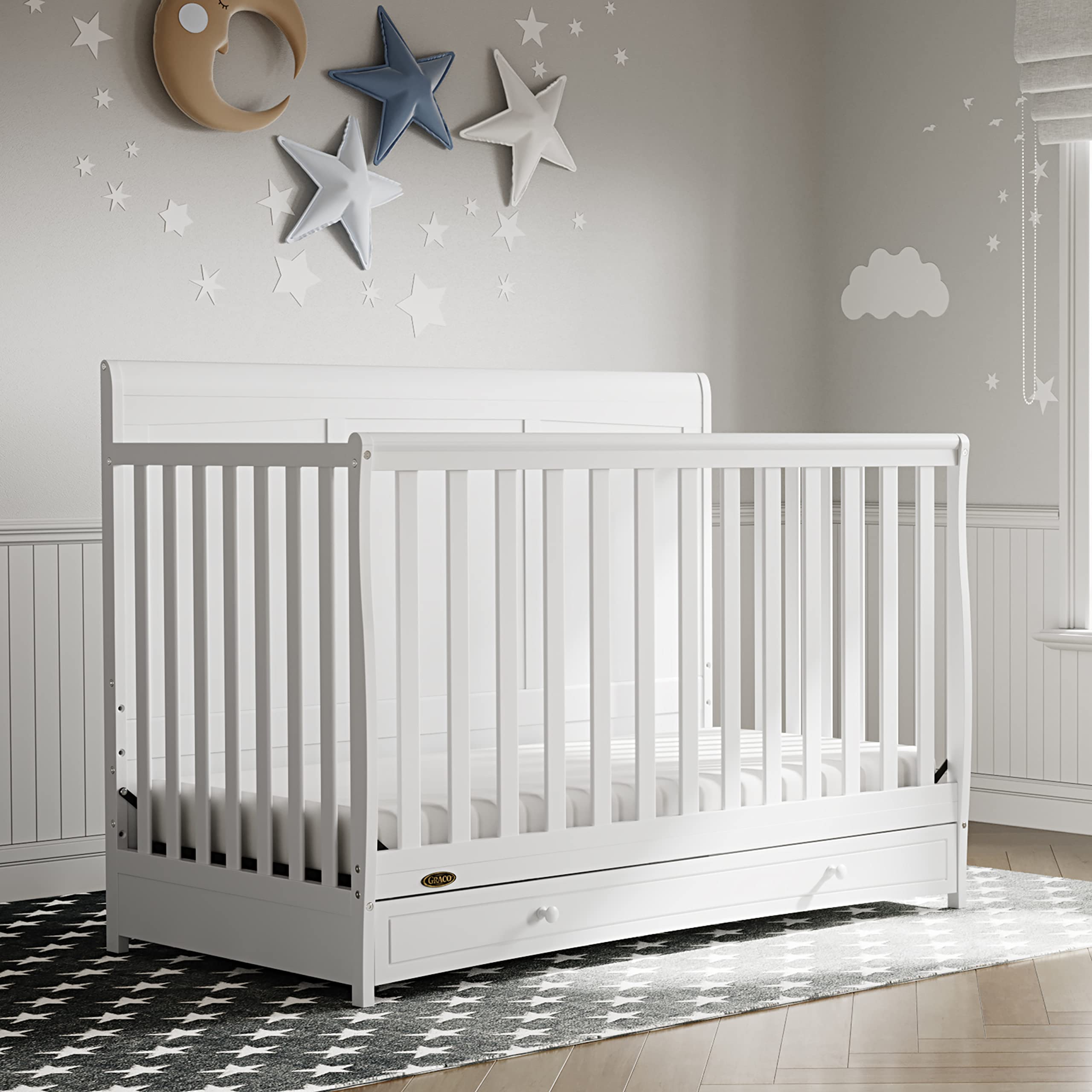 Graco Asheville 5-in-1 Convertible Crib with Storage Drawer - GREENGUARD Gold Certified White Baby Crib | Converts to Toddler Bed, Daybed & Full Size Bed | Perfect for Nursery, Bedroom & Guest Room
