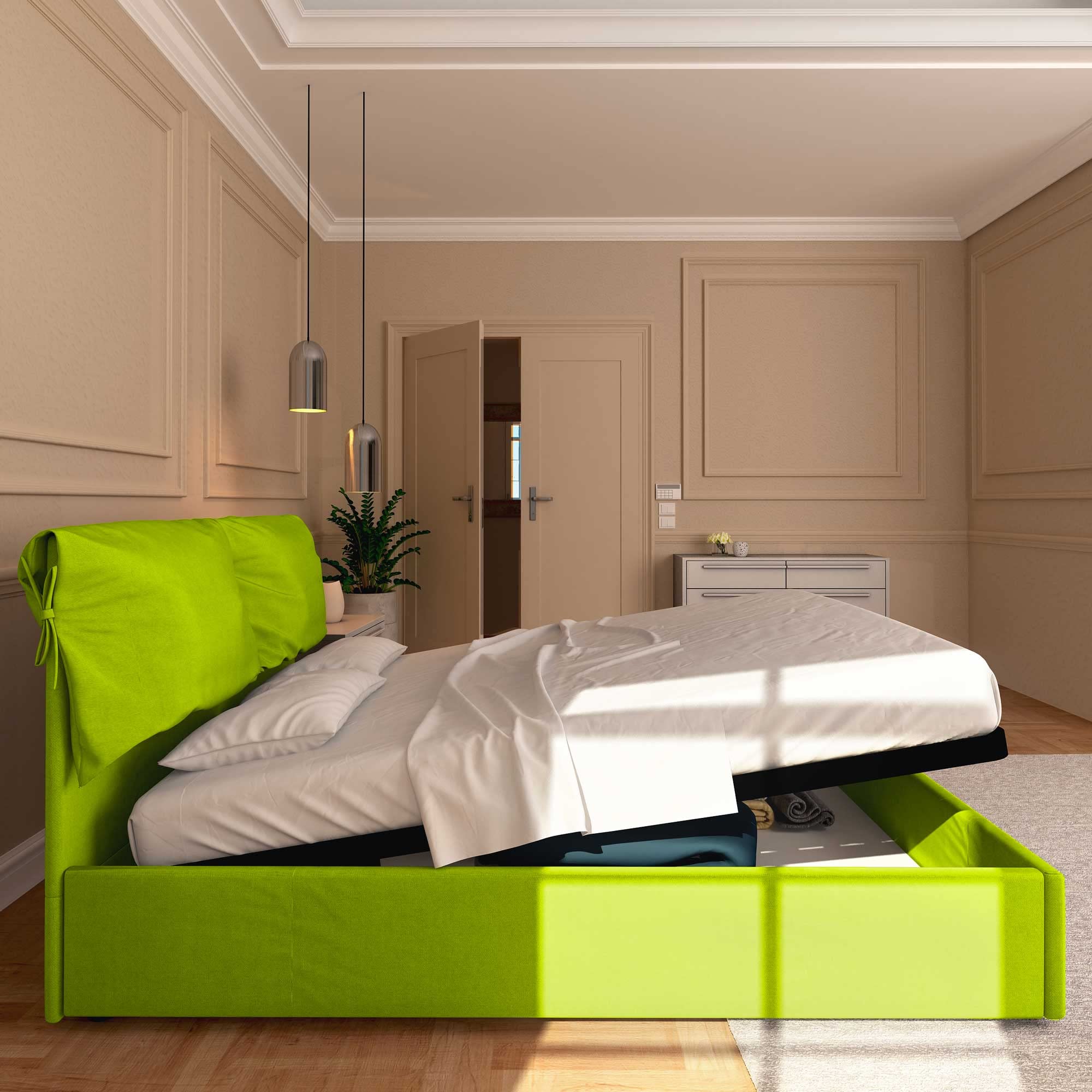 Baldiflex Single Bed with Storage - Licia Soft Synthetic Leather Upholstery, Slatted Base for Single Mattress, 140 x 190 cm, Padded Headboard, Apple Green - Perfect for Small Bedrooms, Guest Rooms & Studio Apartments