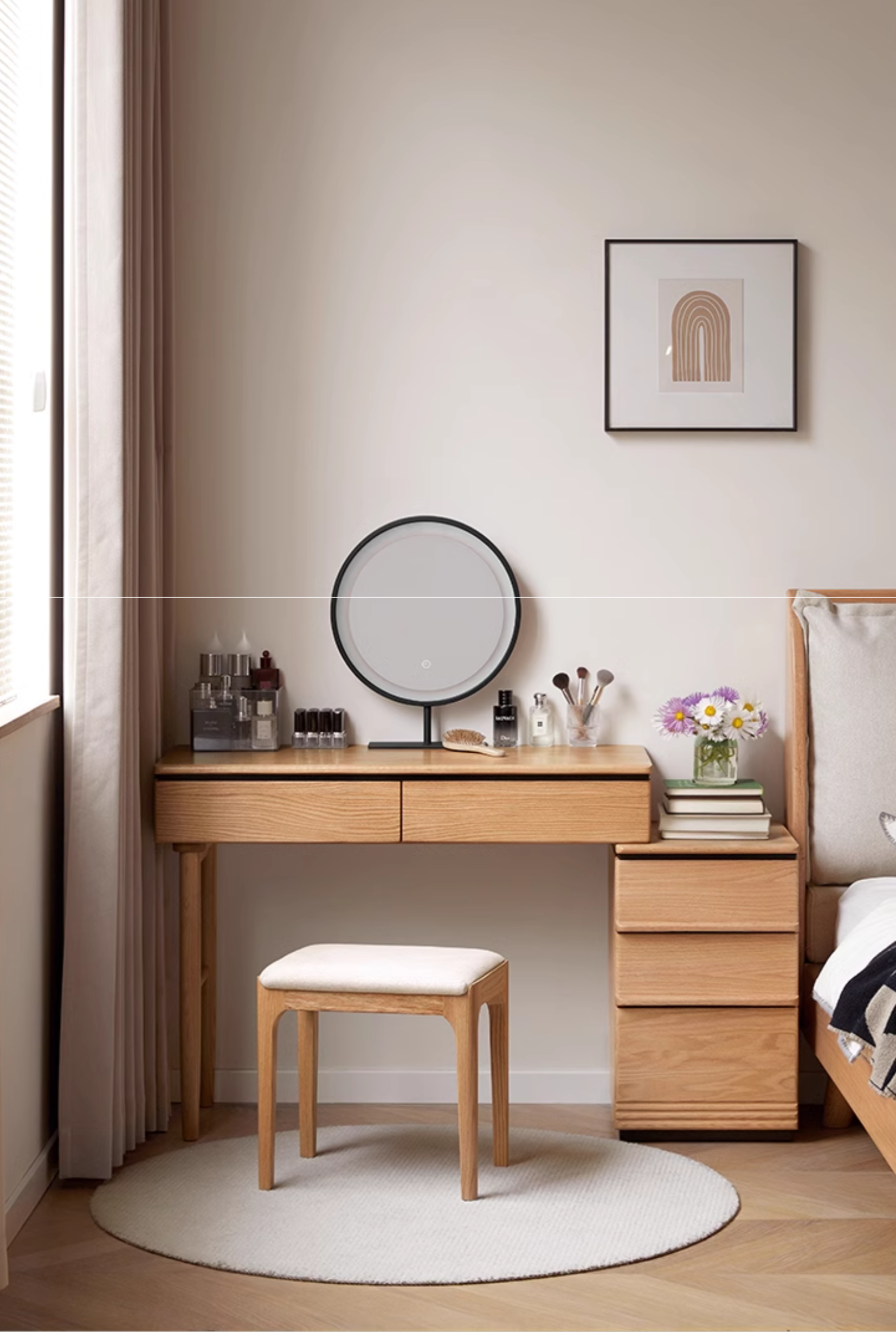 Modern Oak Solid Wood Retractable Dressing Table - Vanity Makeup Desk with Mirror for Bedroom & Home Decor