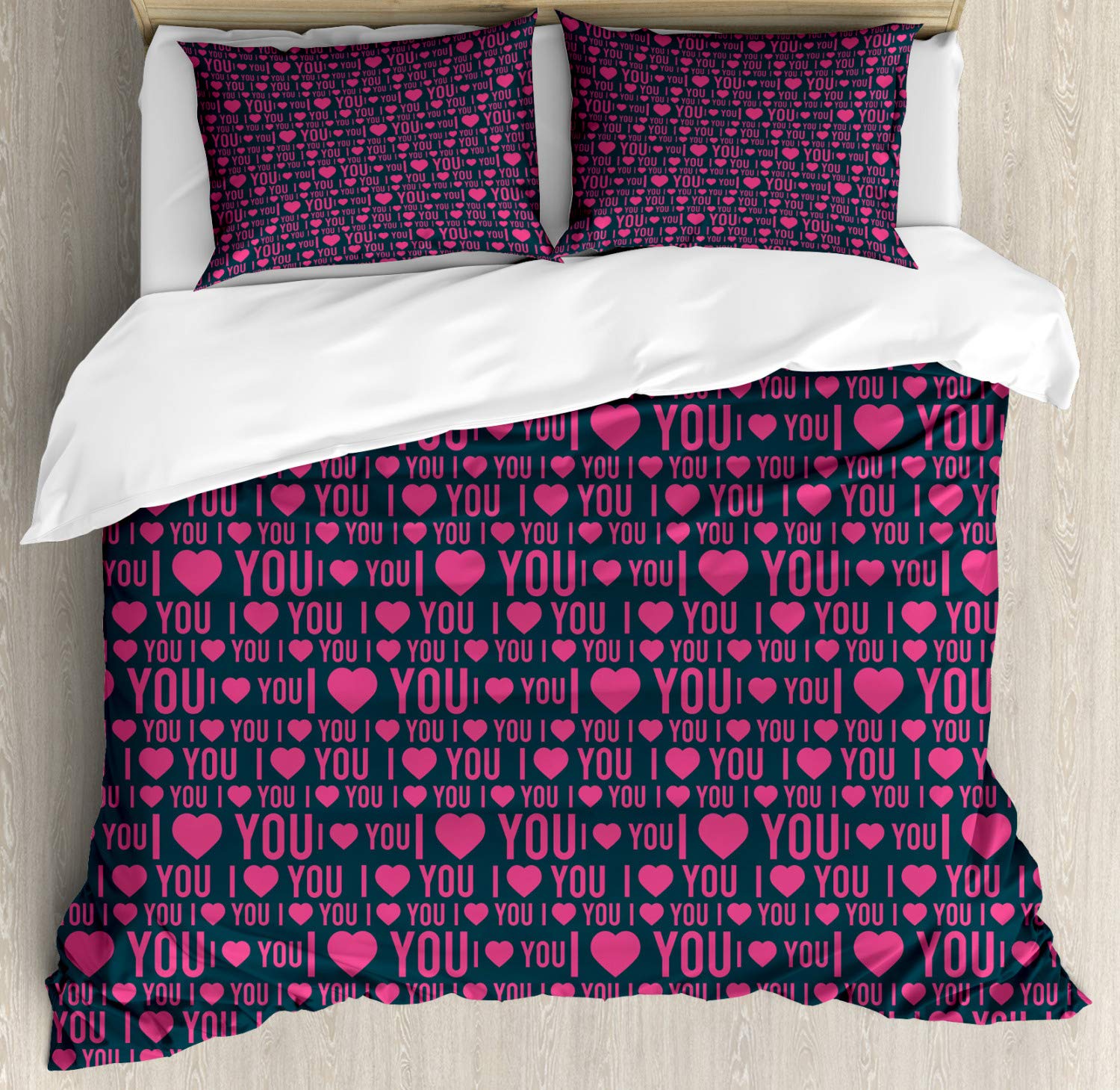 Ambesonne I Love You Duvet Cover Set - Romantic Heart Pattern with Love Words, Valentine's Day Couples Bedding | 3-Piece California King Set with 2 Pillow Shams in Magenta & Dark Grey | Perfect for Anniversary Gifts, Master Bedroom Decor & Romantic Getaways