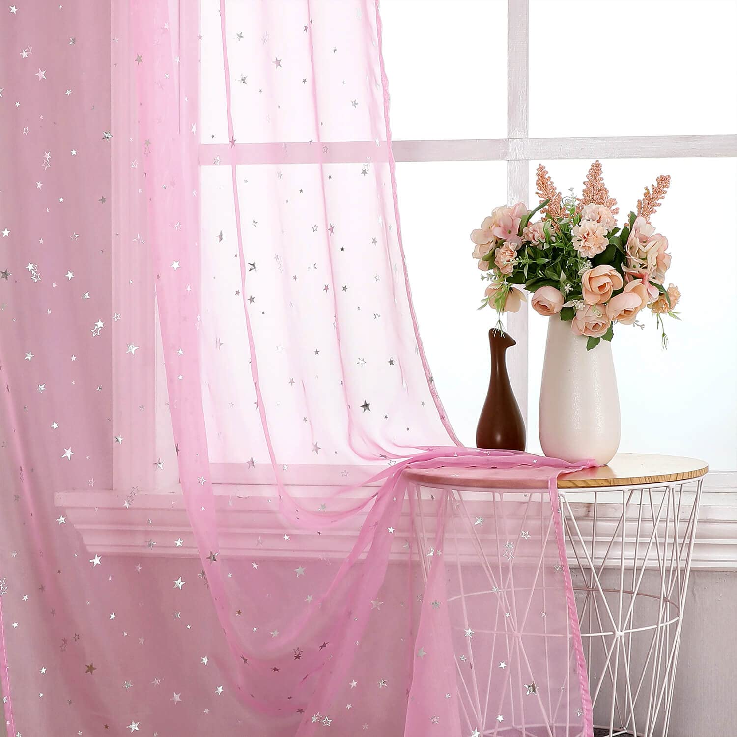 Pink Semi Sheer Curtains for Girls Room - 63 Inch Long Voile Window Drapes with Silver Star Moon Pattern, 2 Pack Nursery Bedroom Decor for Kids Baby Bed Canopy | Perfect for Nursery, Bedroom, Playroom & Sleepover Decorations